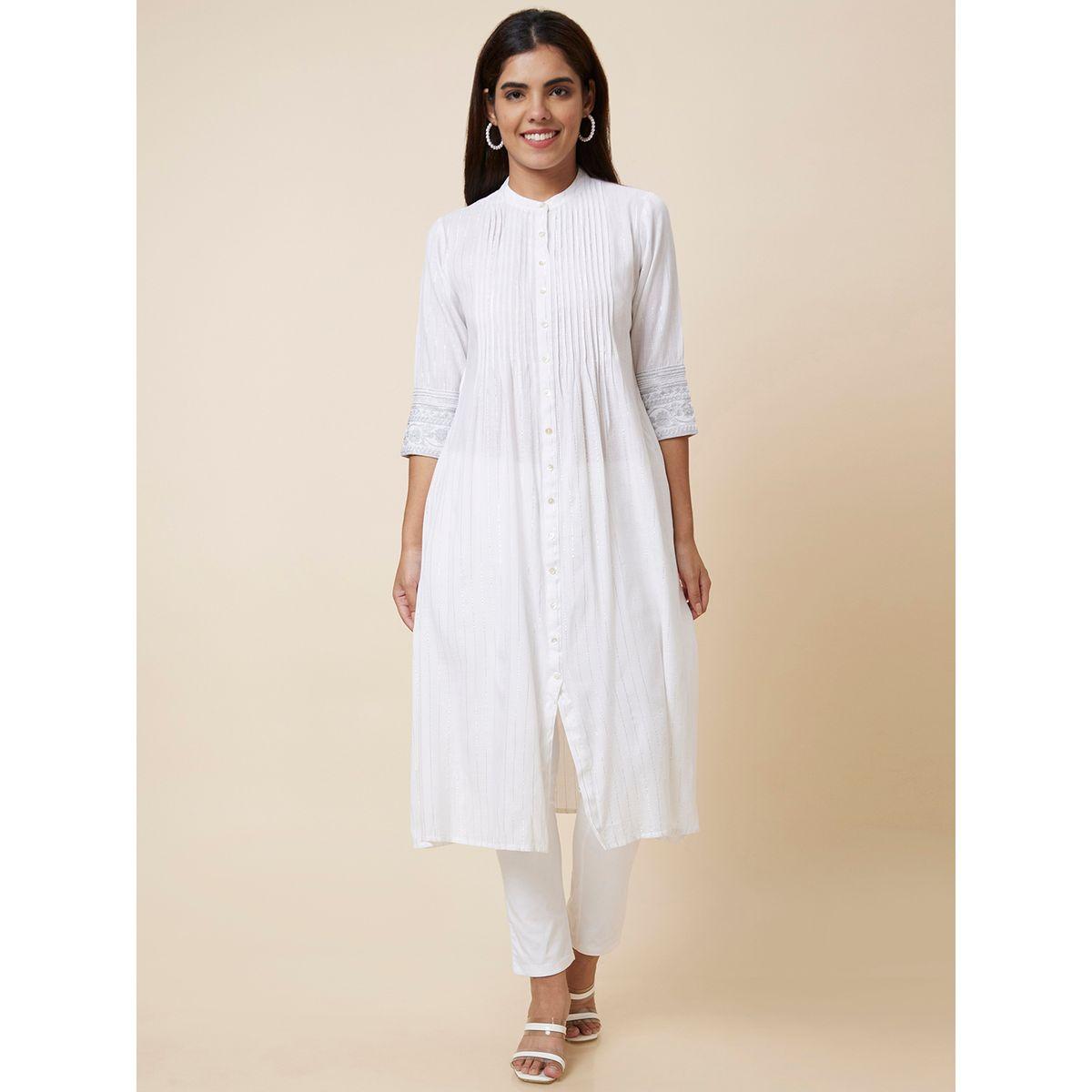 Globus Solid Mandarin Collar Pleated A-Line Kurta-women-clothing-ethnicwear-kurtas-image-6
