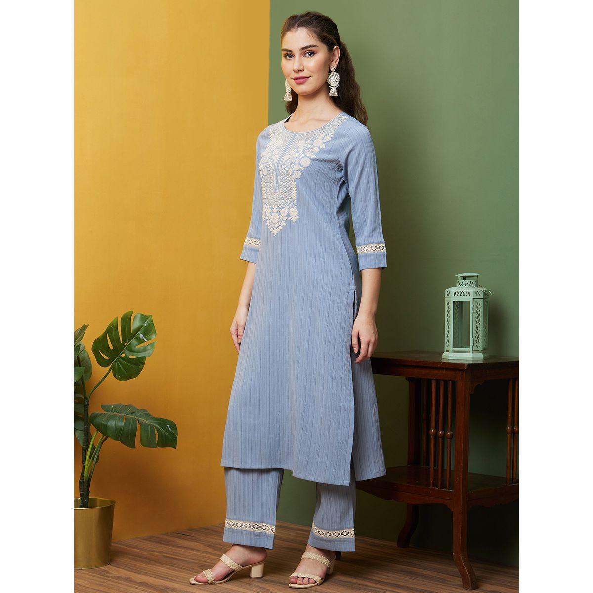 Globus Round Neck Embroidered Straight Kurta with Trousers Set-women-clothing-ethnicwear-kurtasets-image-2