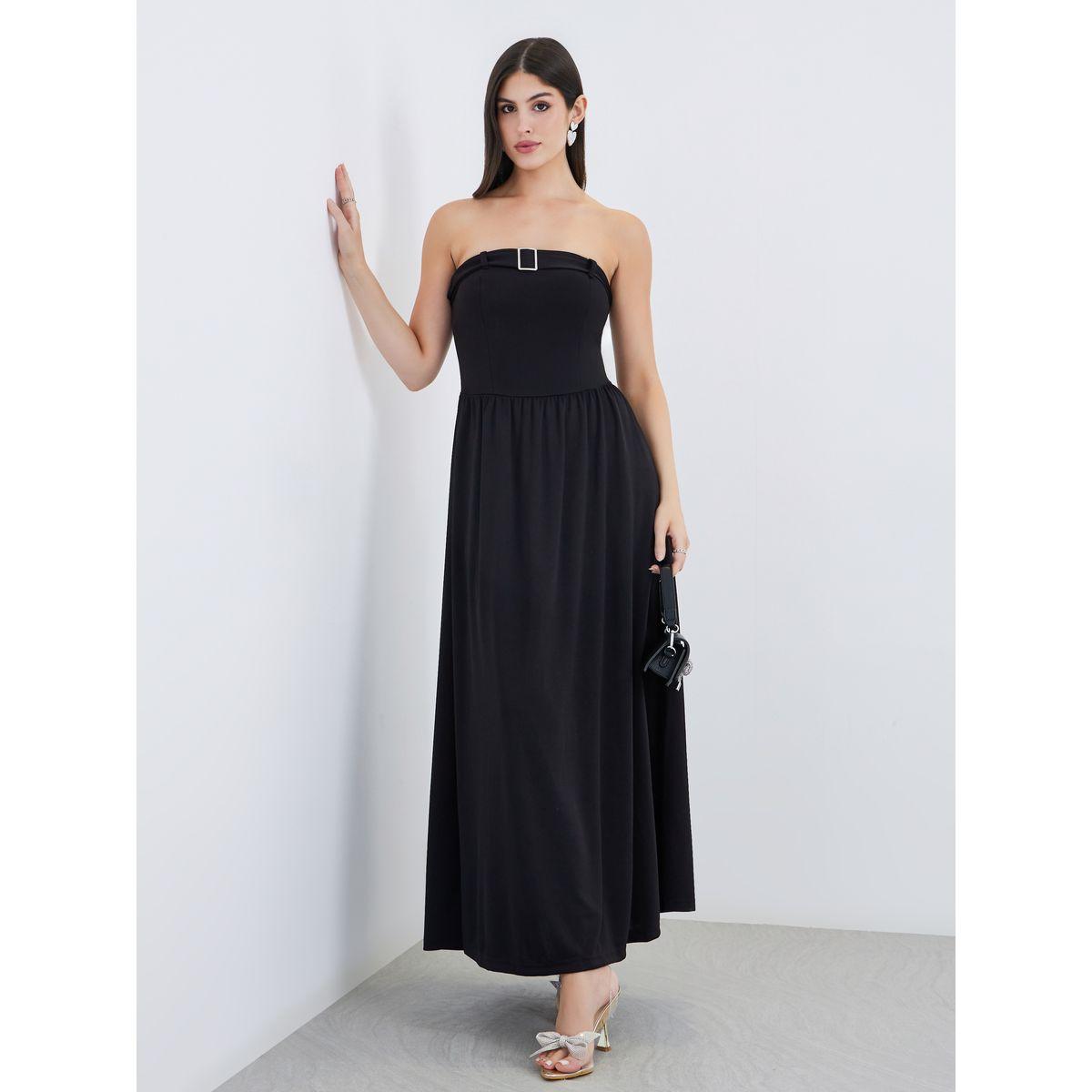 Styli Bandeau Neck A-Line Maxi Dress with Buckle Detail-women-clothing-dresses-image-2
