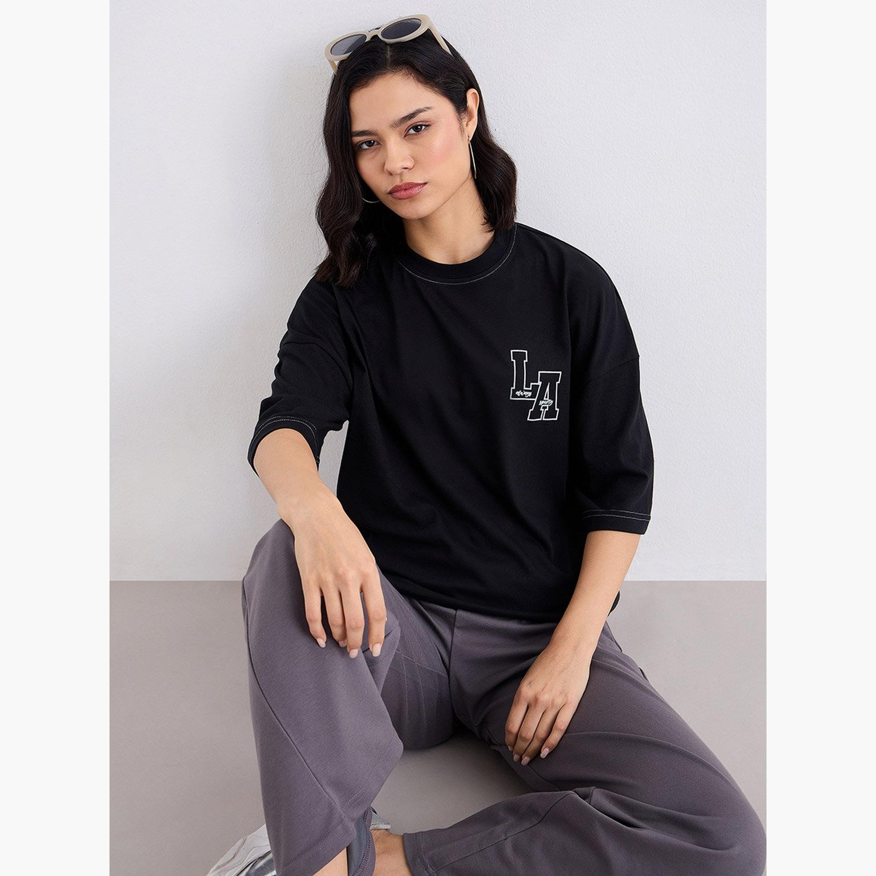 Styli Black Oversized LA Graphic T-Shirt-women-clothing-tshirts-image-5