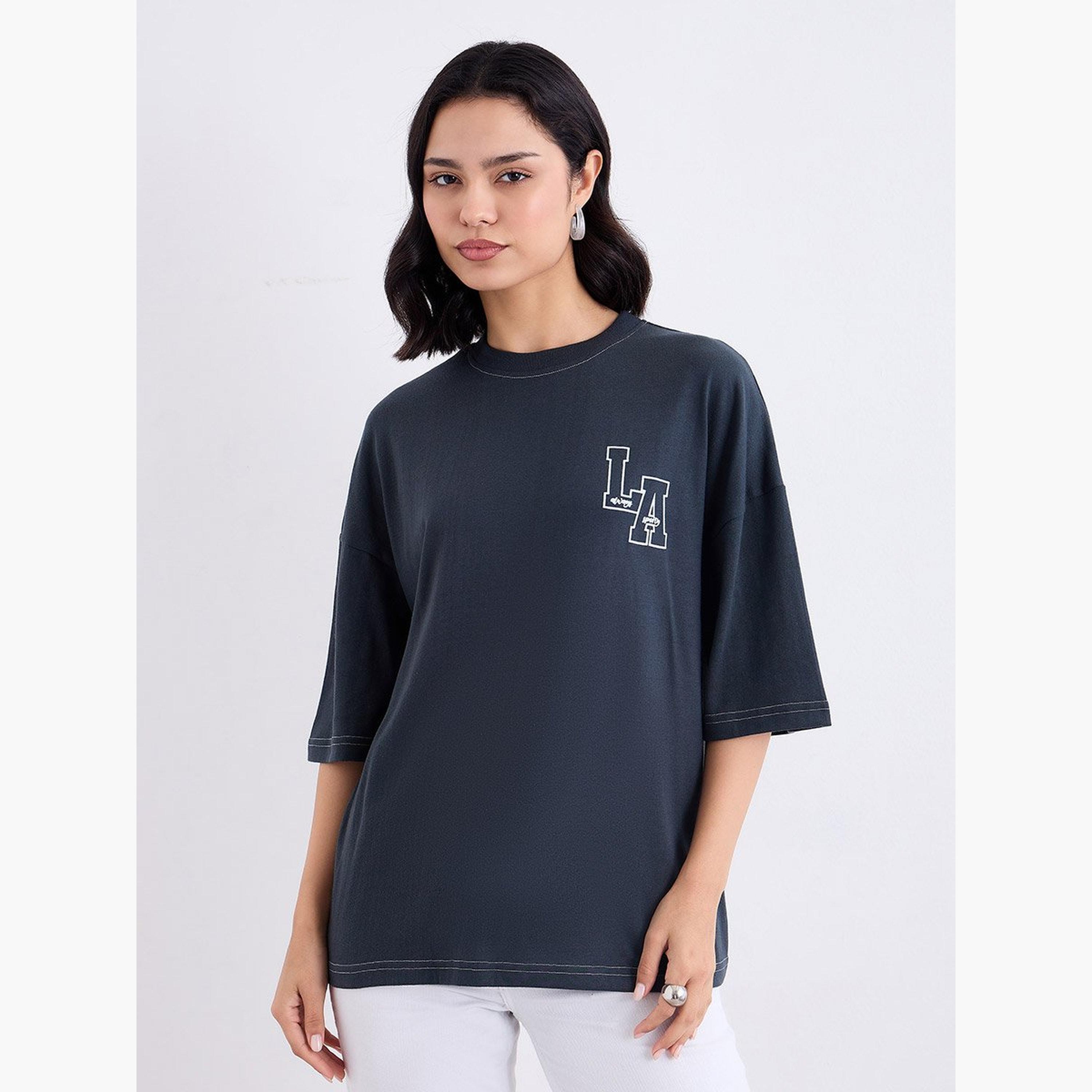 ستايلي - تي شيرت لوس أنجلوس جرافيكي مقاس كبير لون فحمي-women-clothing-tshirts-image-1