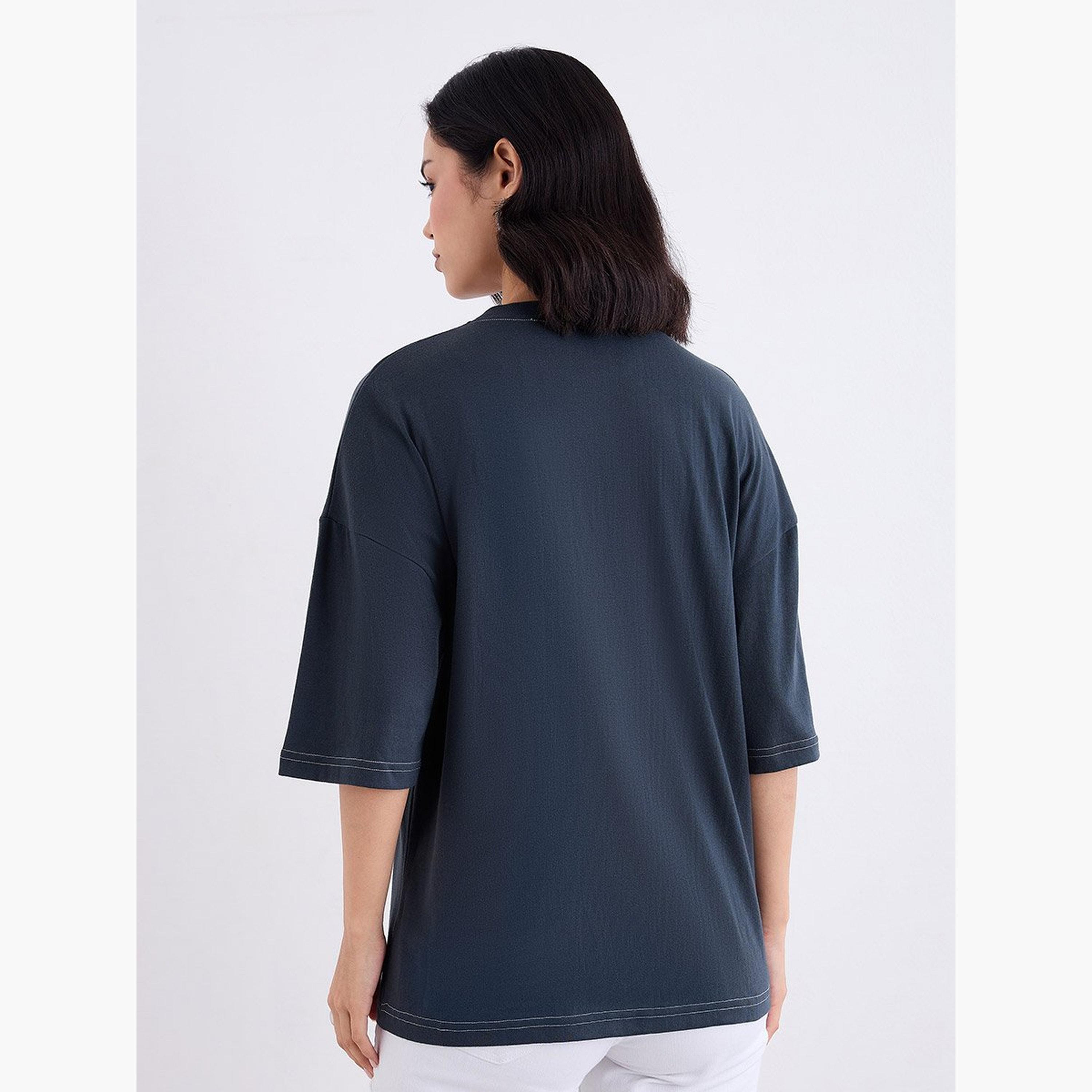 ستايلي - تي شيرت لوس أنجلوس جرافيكي مقاس كبير لون فحمي-women-clothing-tshirts-image-5