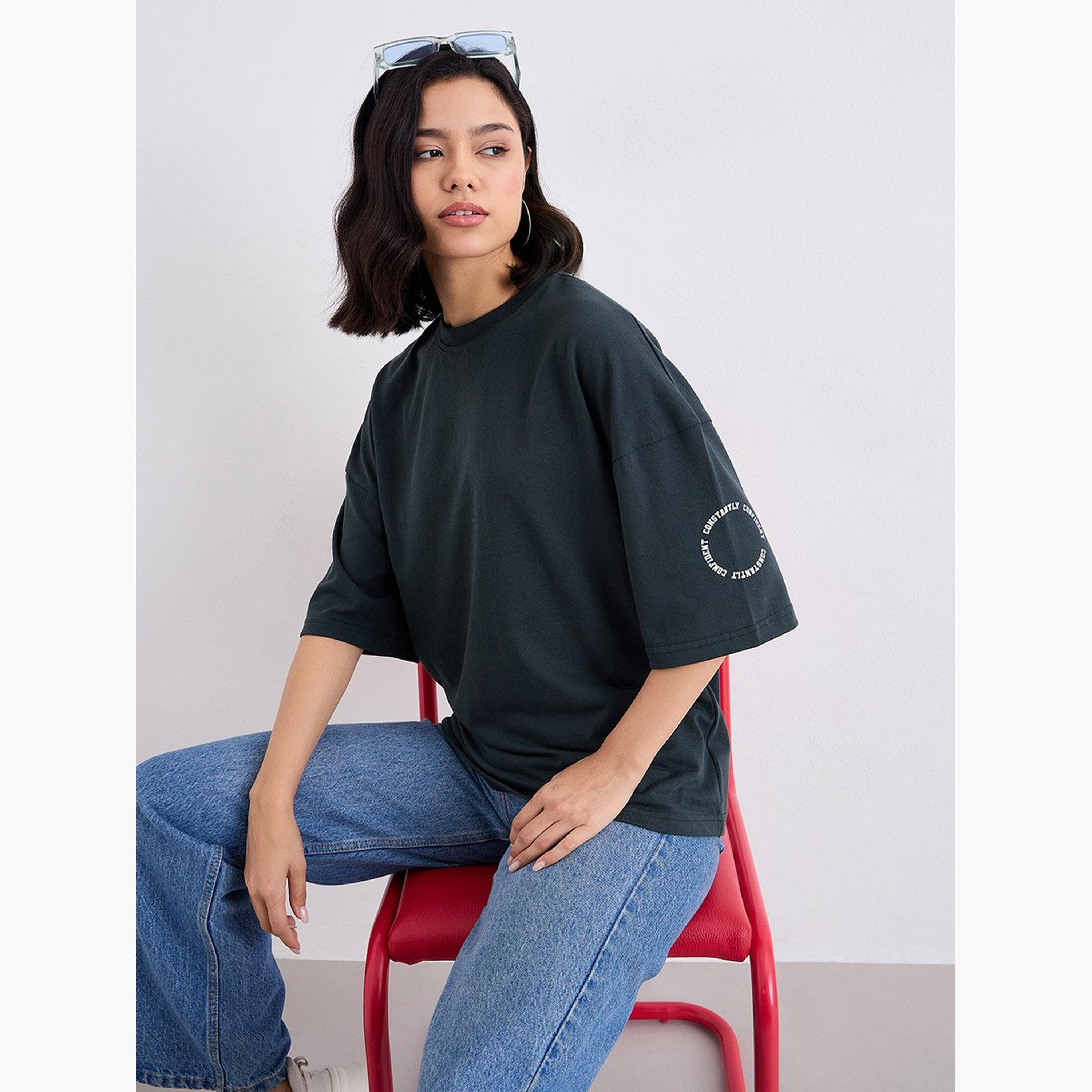 Styli Charcoal Oversized Slogan Print T-Shirt-women-clothing-tshirts-image-5