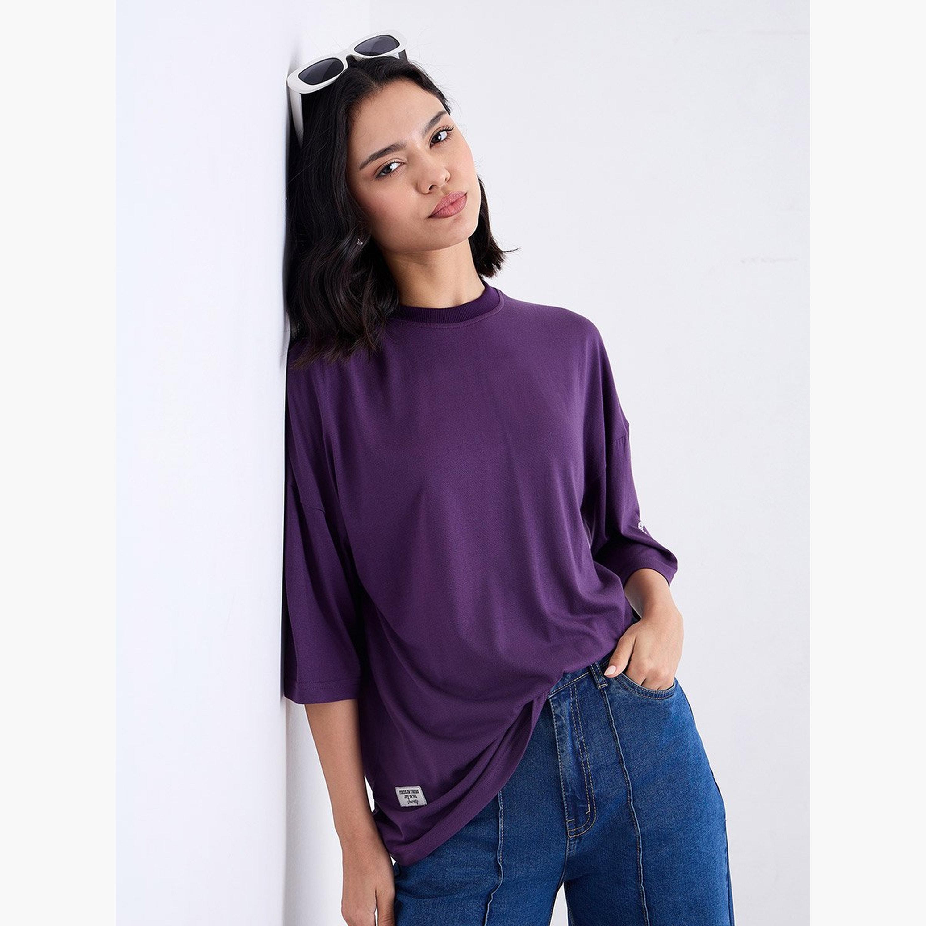 Styli Purple Oversized Slogan Print T-Shirt-women-clothing-tshirts-image-1