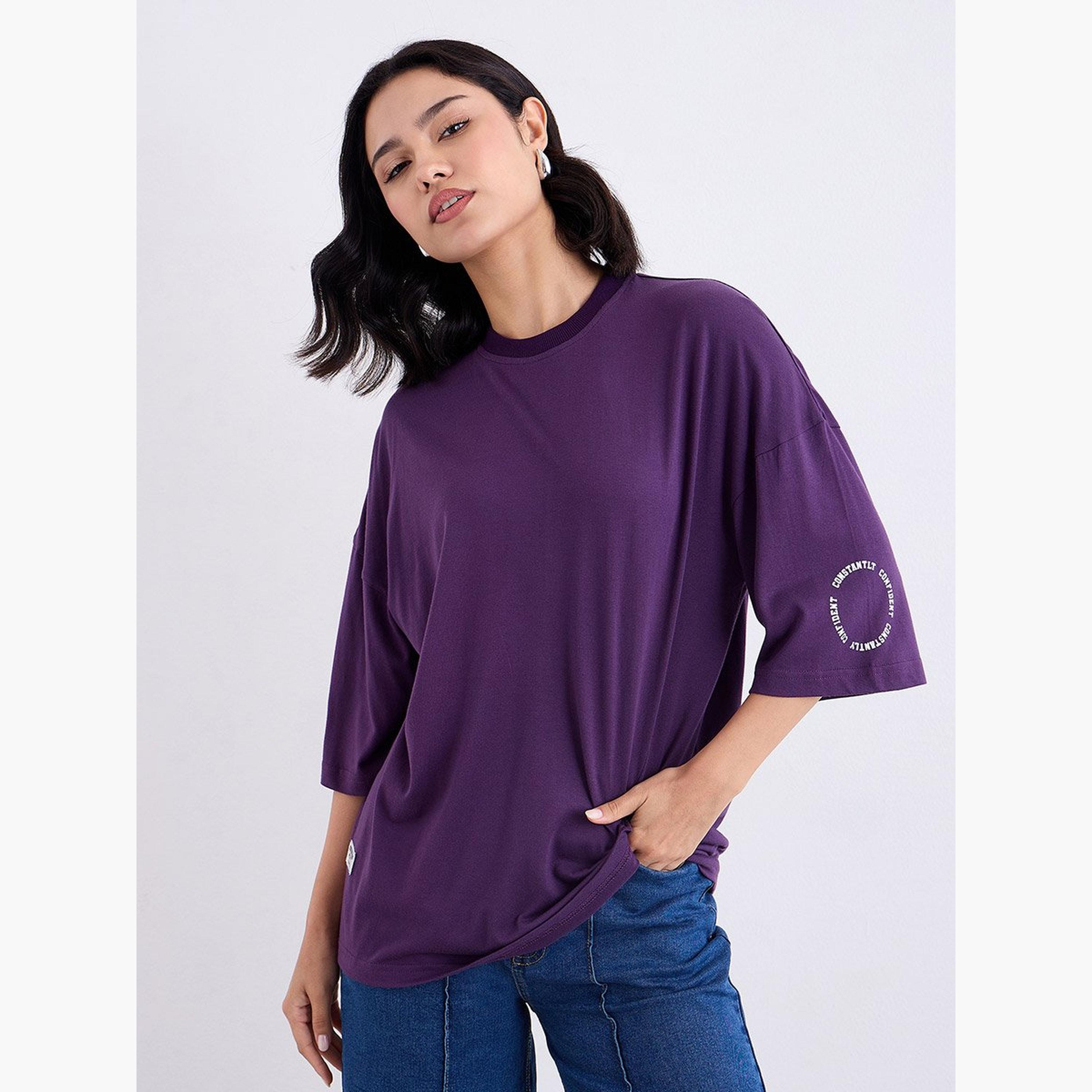 Styli Purple Oversized Slogan Print T-Shirt-women-clothing-tshirts-image-3