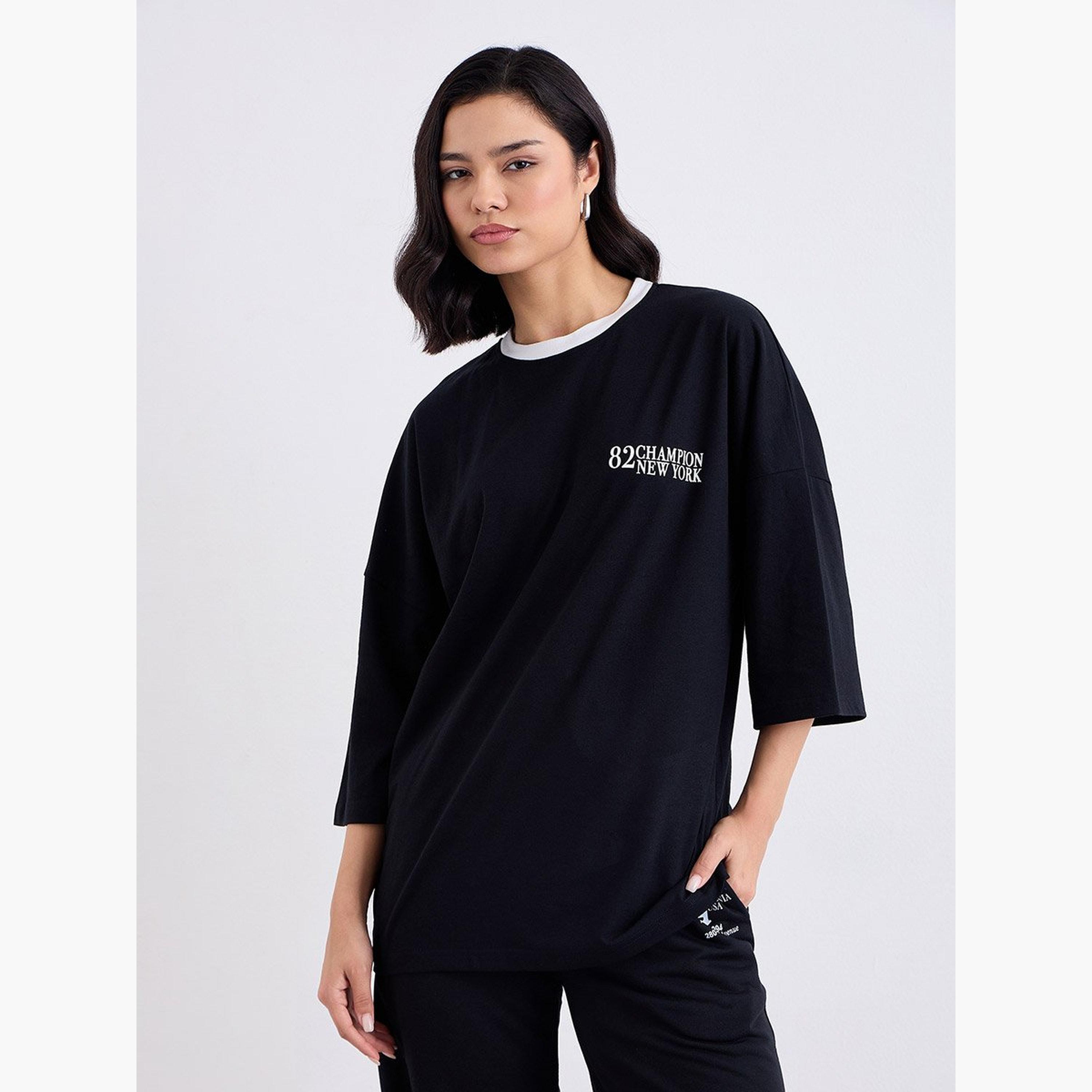 Styli Black Oversized T-Shirt with Contrast Trim-women-clothing-tshirts-image-1
