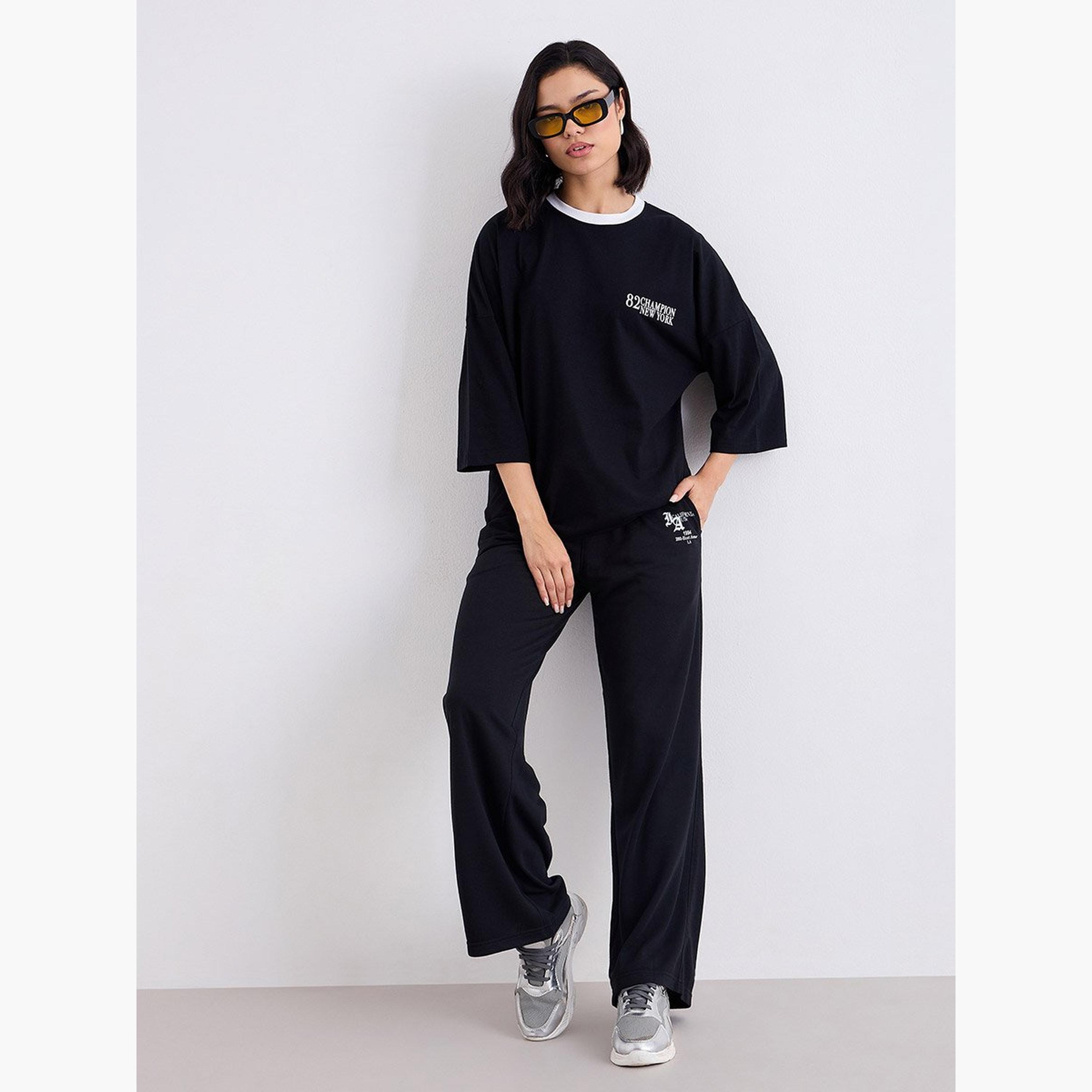Styli Black Oversized T-Shirt with Contrast Trim-women-clothing-tshirts-image-2