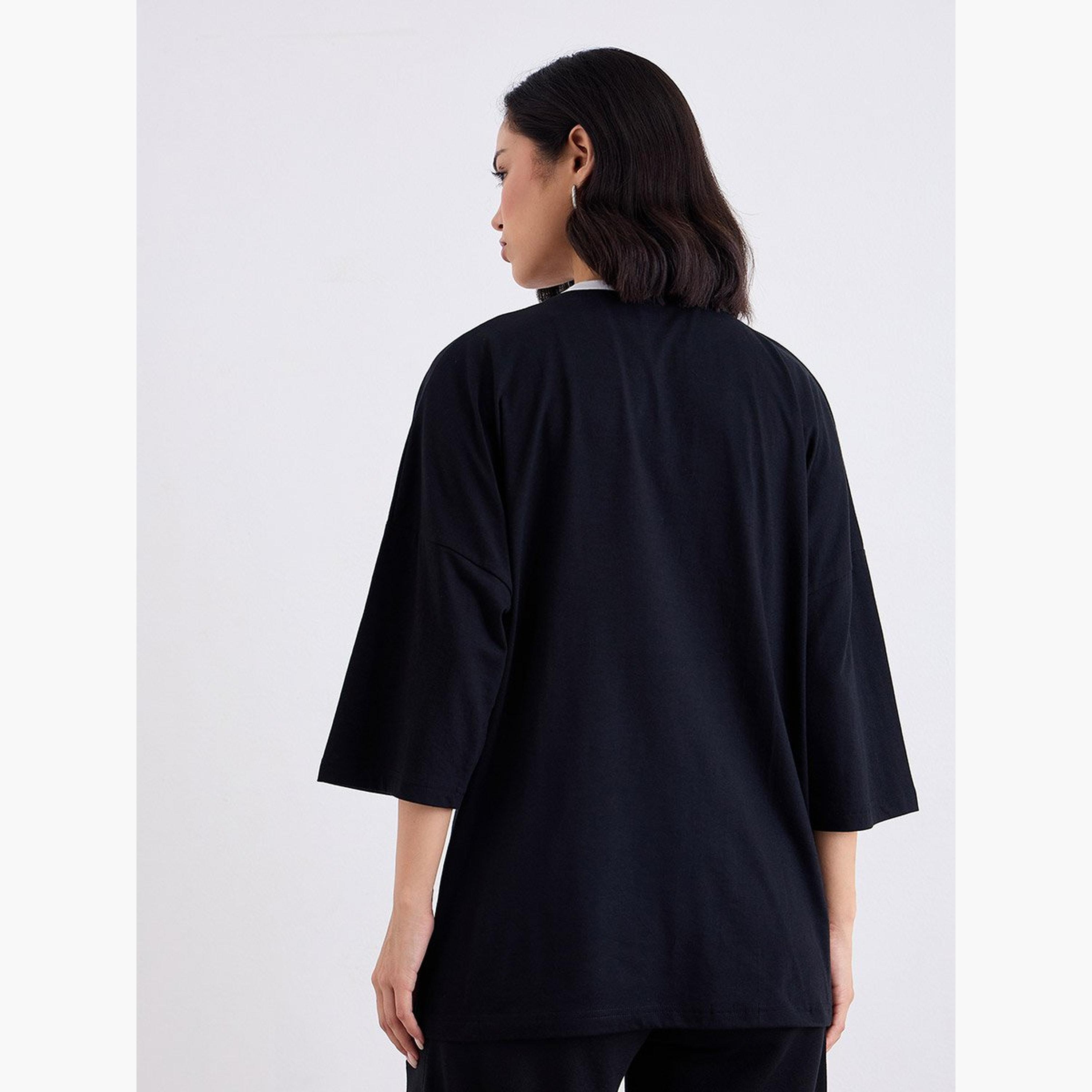 Styli Black Oversized T-Shirt with Contrast Trim-women-clothing-tshirts-image-4