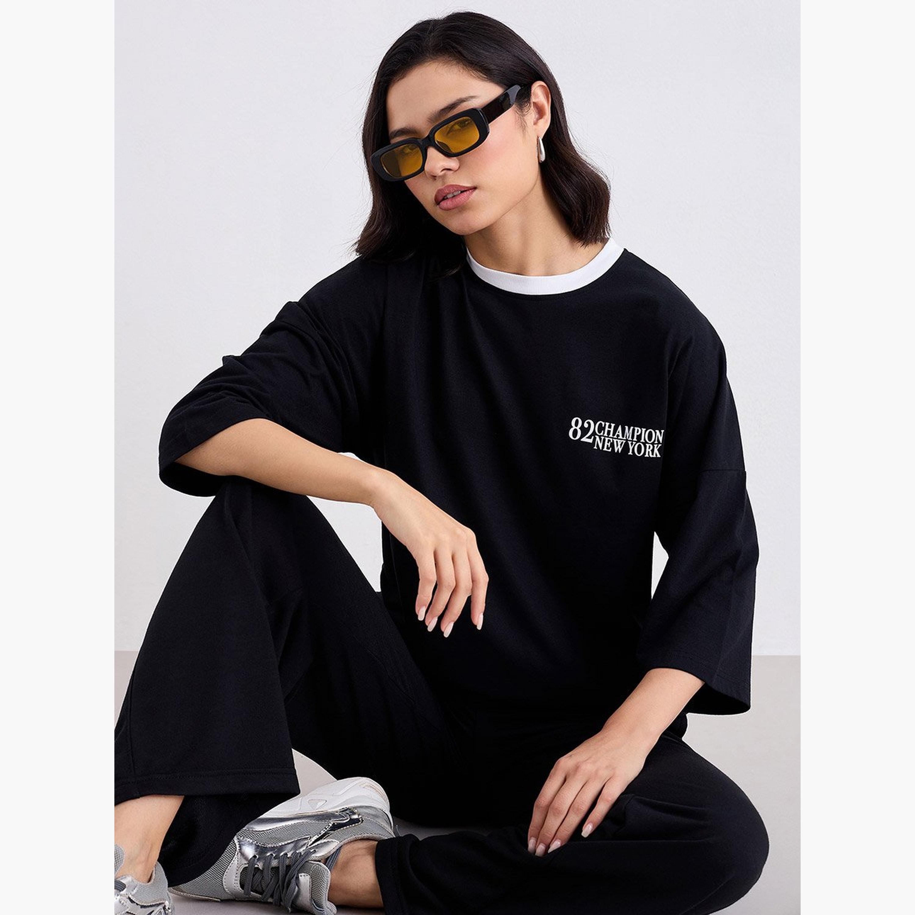 Styli Black Oversized T-Shirt with Contrast Trim-women-clothing-tshirts-image-5