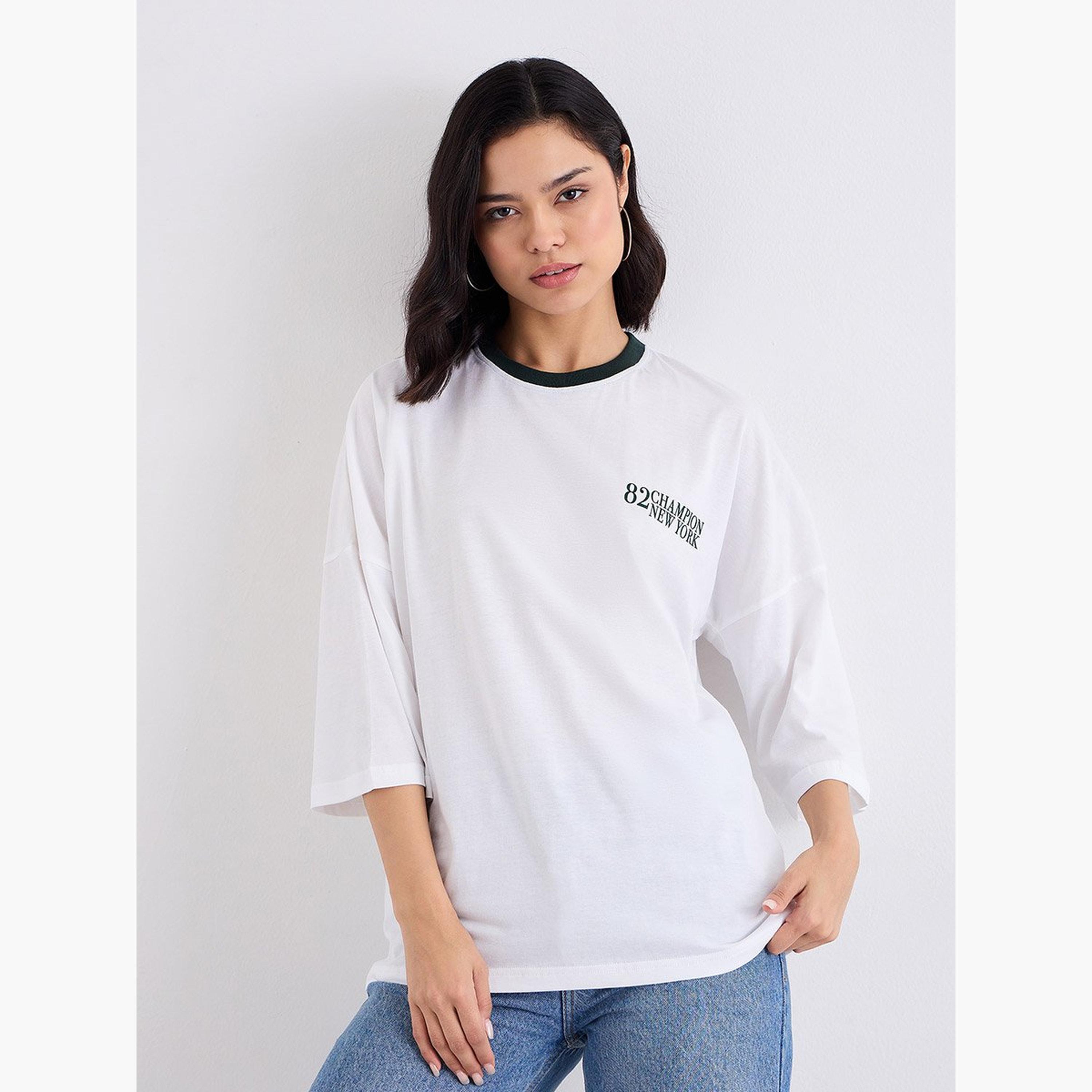Styli White Oversized T-Shirt with Contrast Trim-women-clothing-tshirts-image-1
