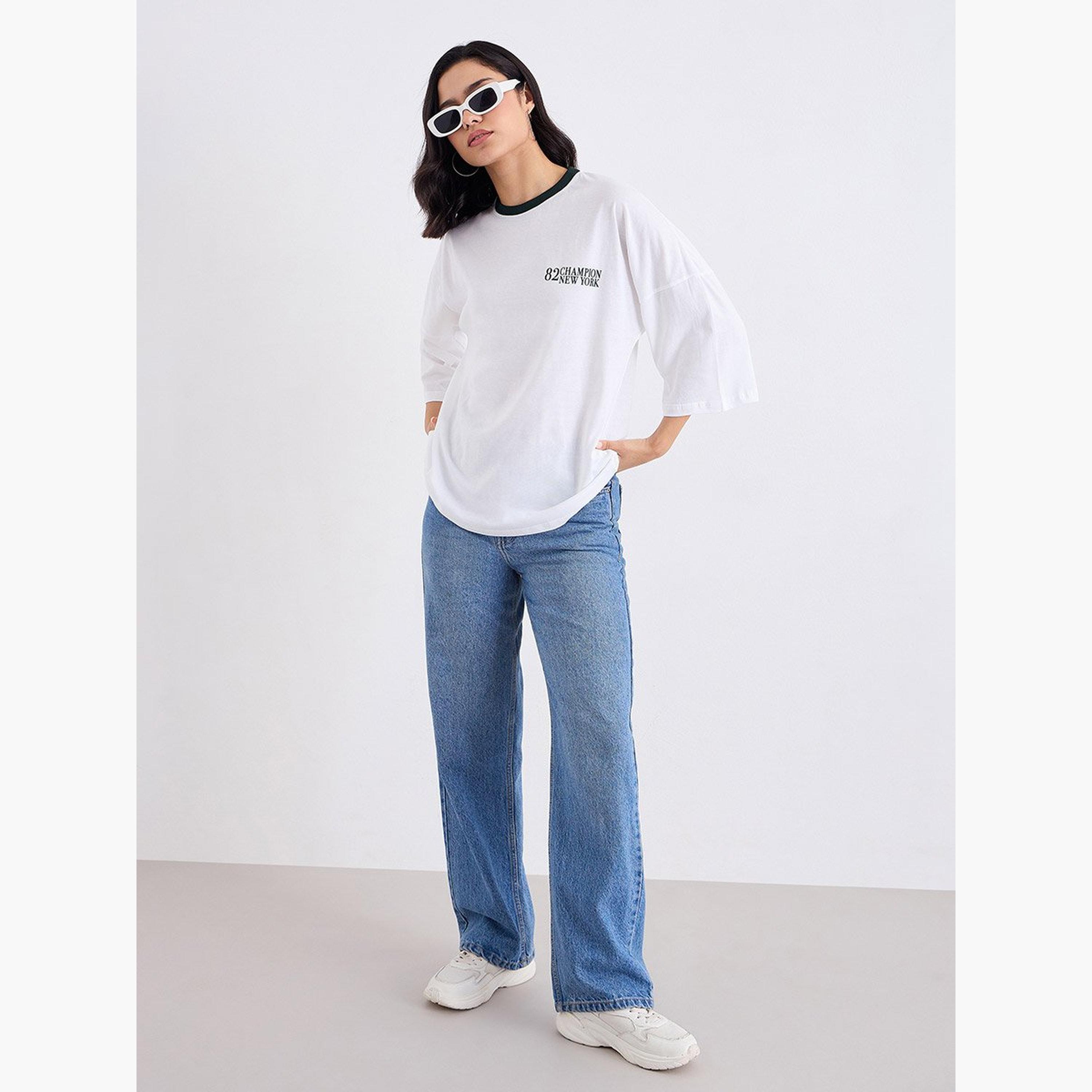 Styli White Oversized T-Shirt with Contrast Trim-women-clothing-tshirts-image-2