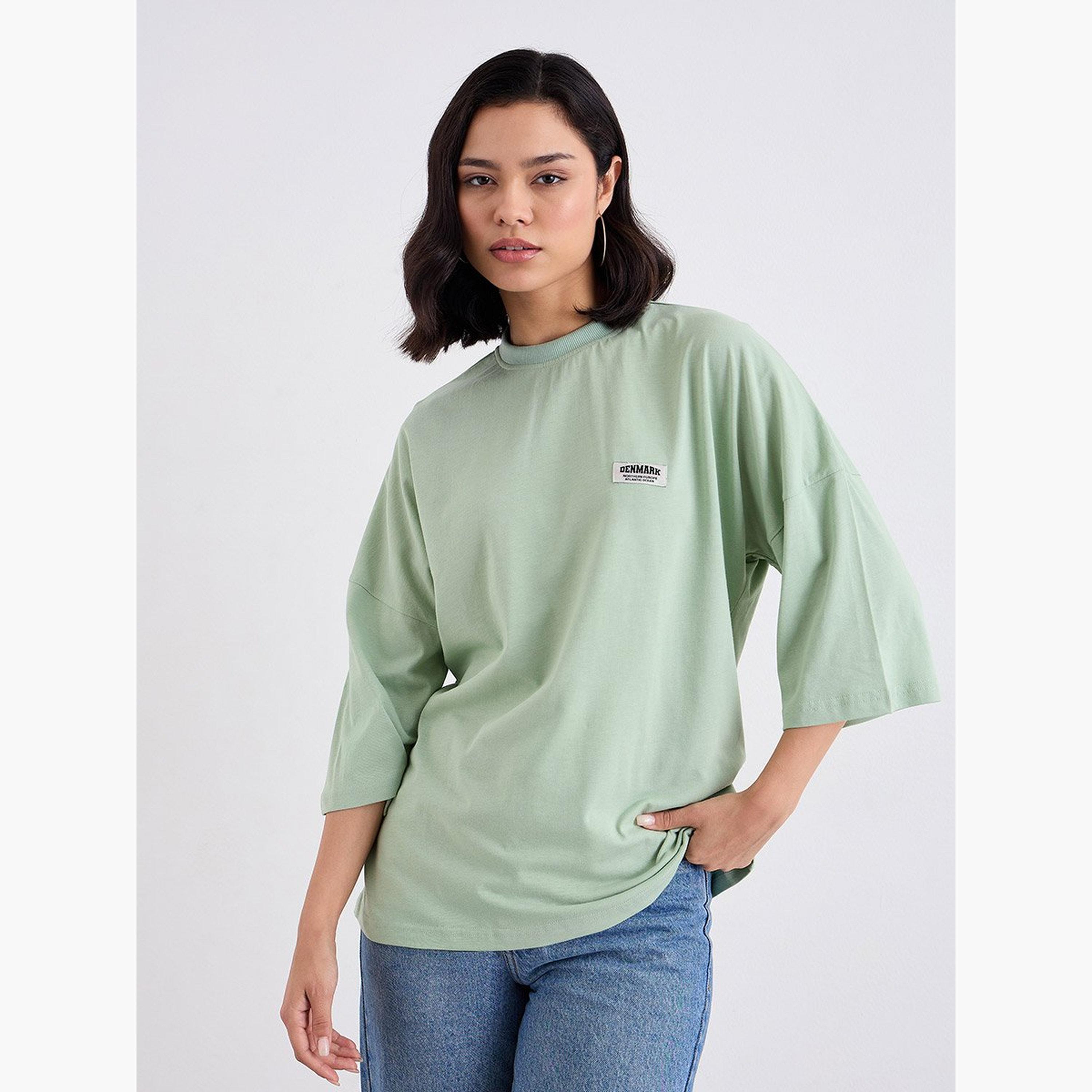 Styli Green Oversized T-Shirt with Badge Detail-women-clothing-tshirts-image-1