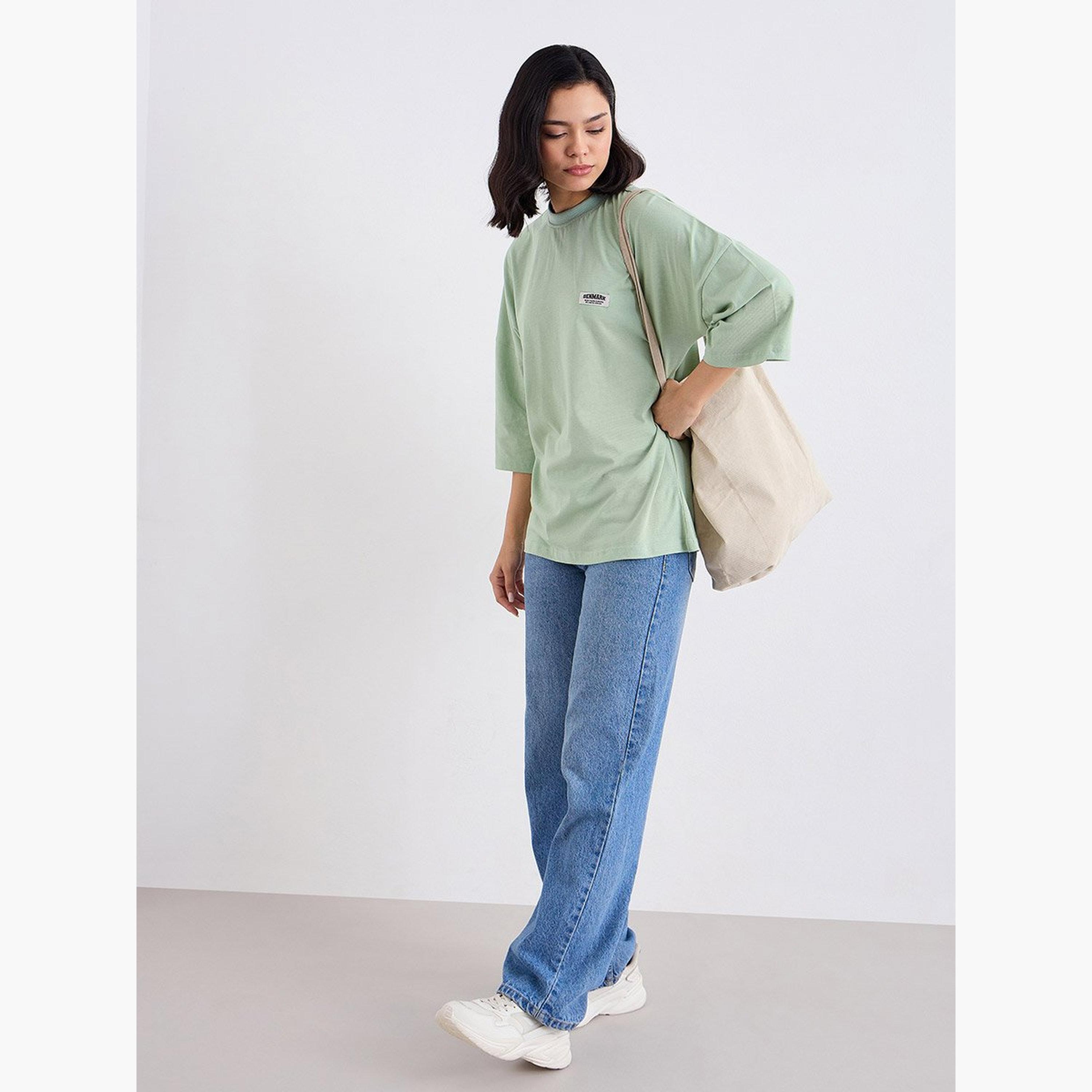 Styli Green Oversized T-Shirt with Badge Detail-women-clothing-tshirts-image-2