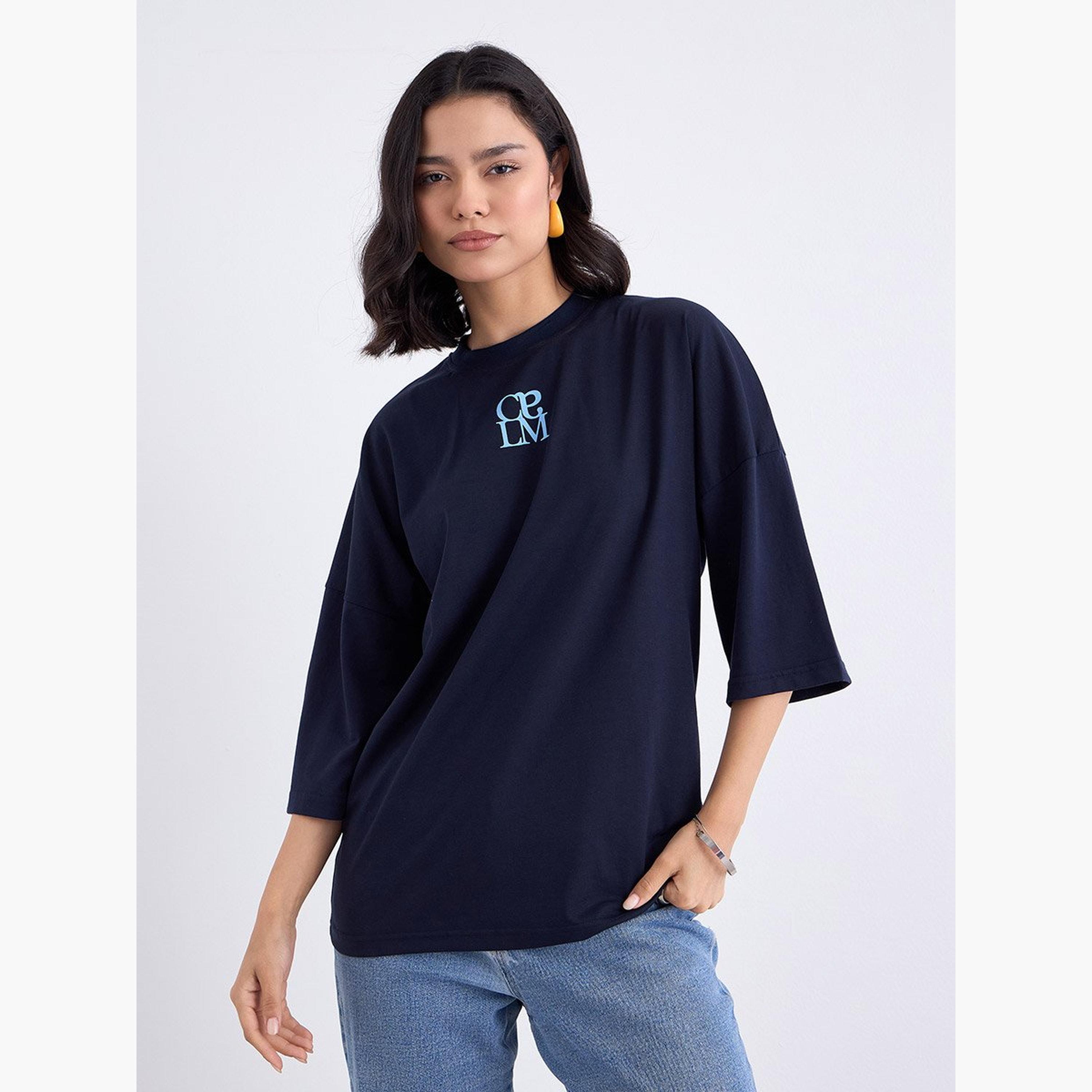 ستايلي - تي شيرت أزرق داكن بأكمام 3/4 مقاس كبير-women-clothing-tshirts-image-1