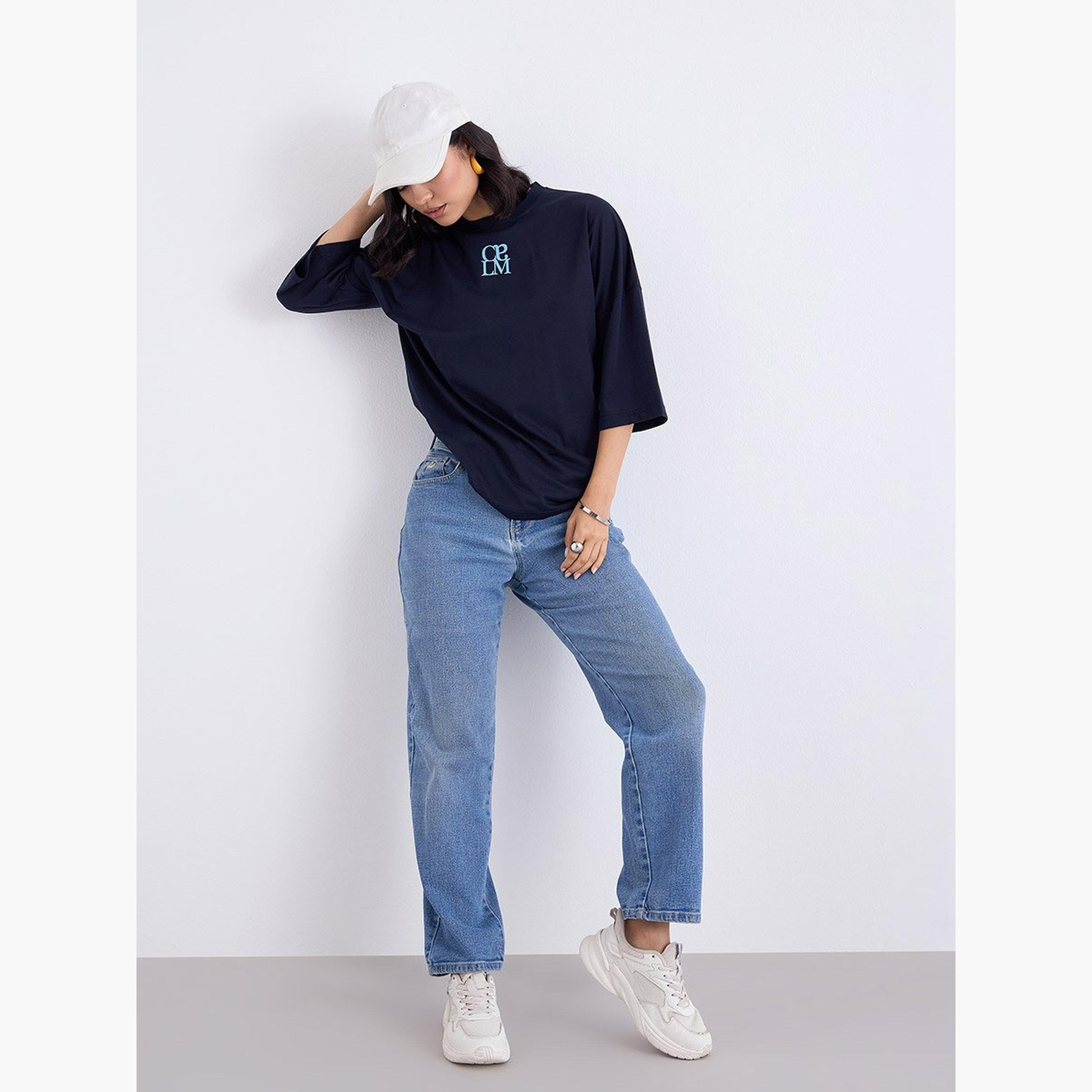 ستايلي - تي شيرت أزرق داكن بأكمام 3/4 مقاس كبير-women-clothing-tshirts-image-2