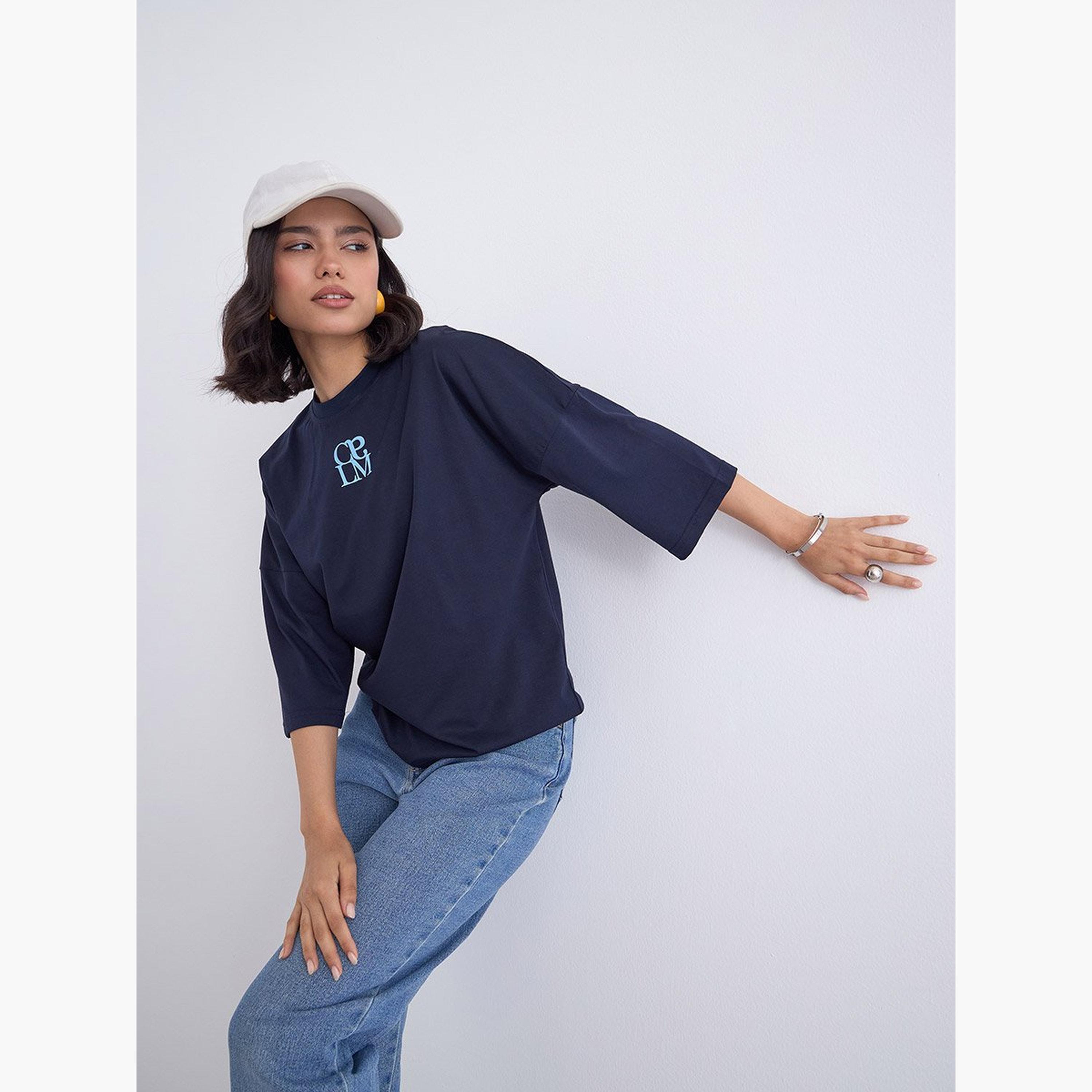 ستايلي - تي شيرت أزرق داكن بأكمام 3/4 مقاس كبير-women-clothing-tshirts-image-3