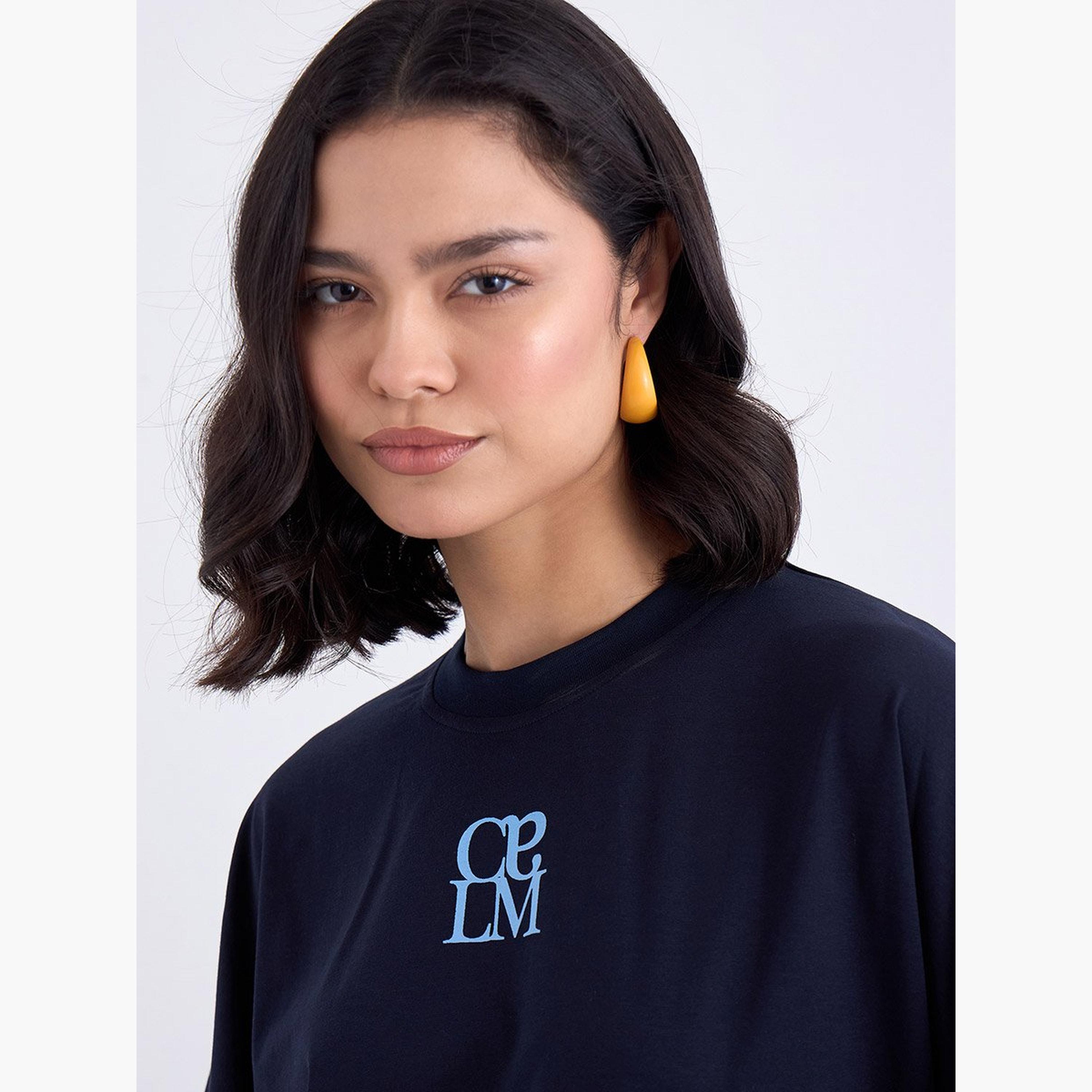 ستايلي - تي شيرت أزرق داكن بأكمام 3/4 مقاس كبير-women-clothing-tshirts-image-4