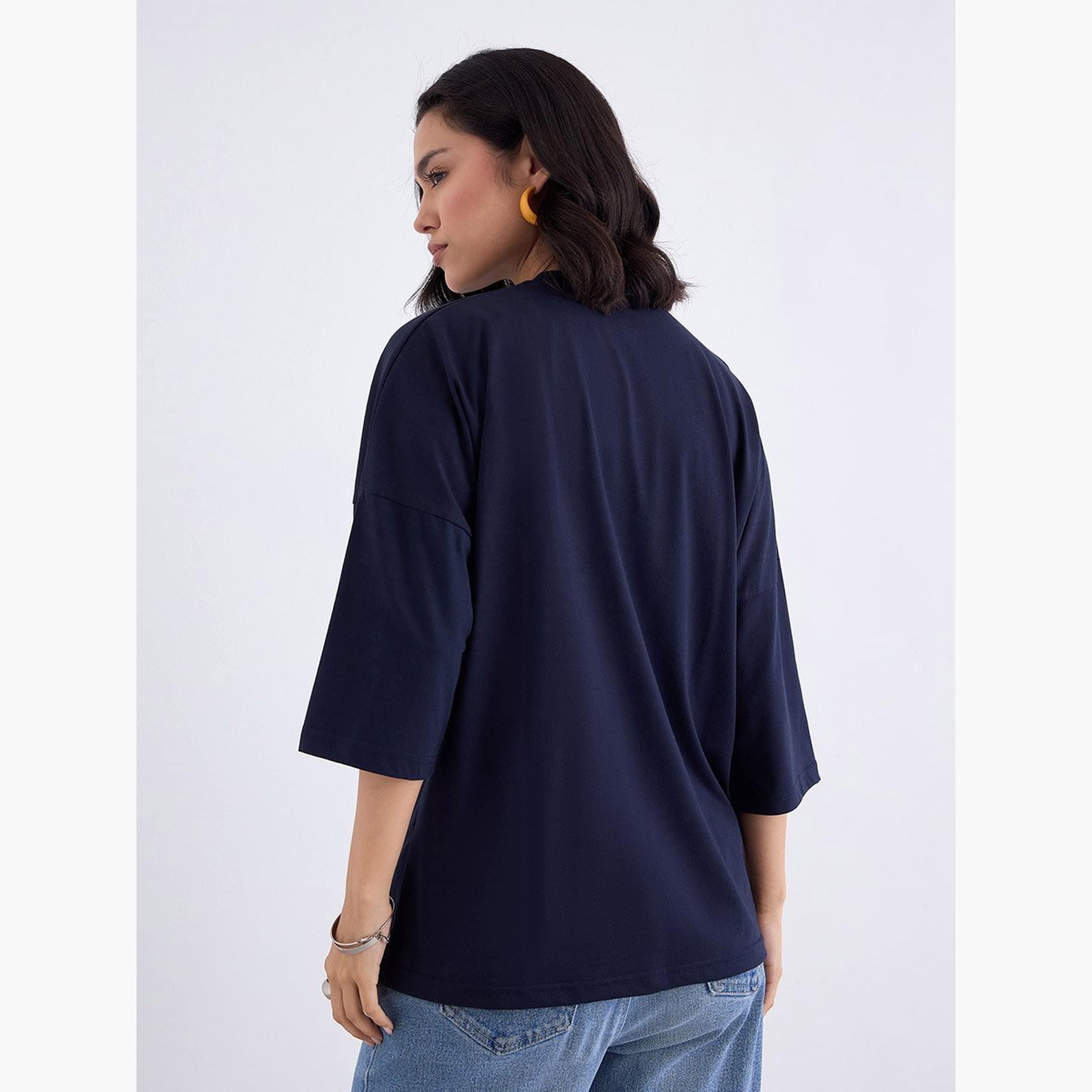 ستايلي - تي شيرت أزرق داكن بأكمام 3/4 مقاس كبير-women-clothing-tshirts-image-5