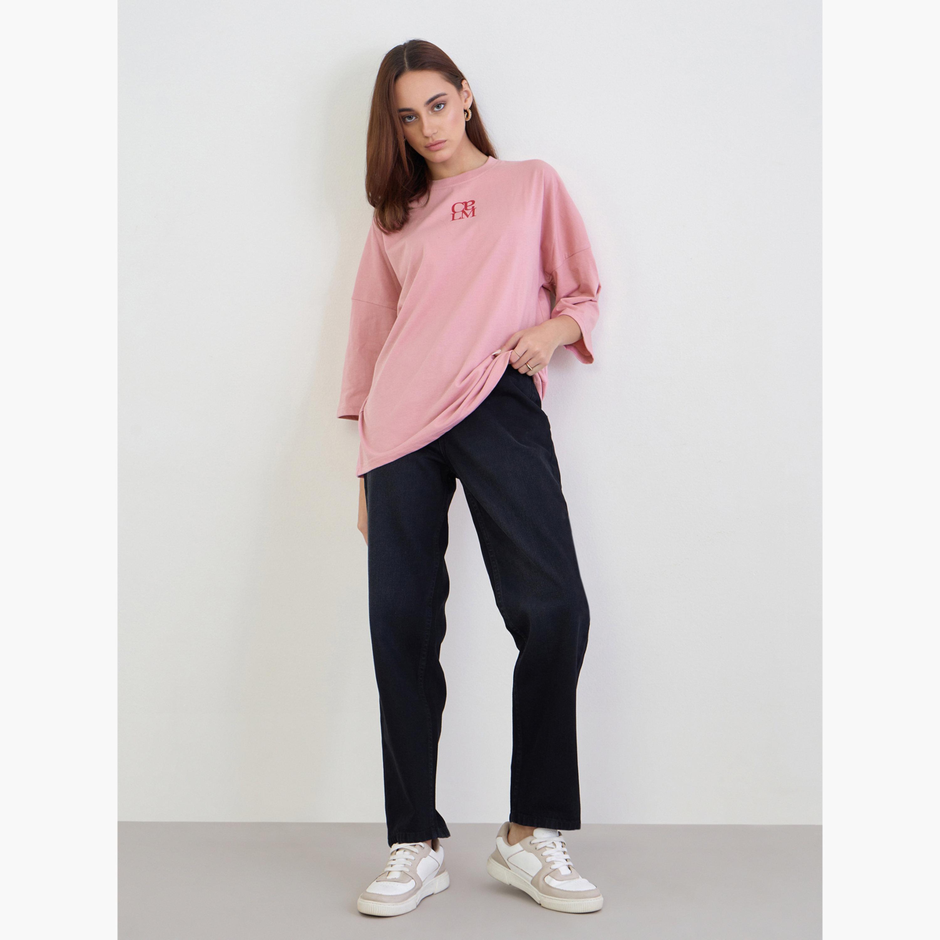 Styli Pink Oversized 3/4 Sleeve T-Shirt-women-clothing-tshirts-image-2