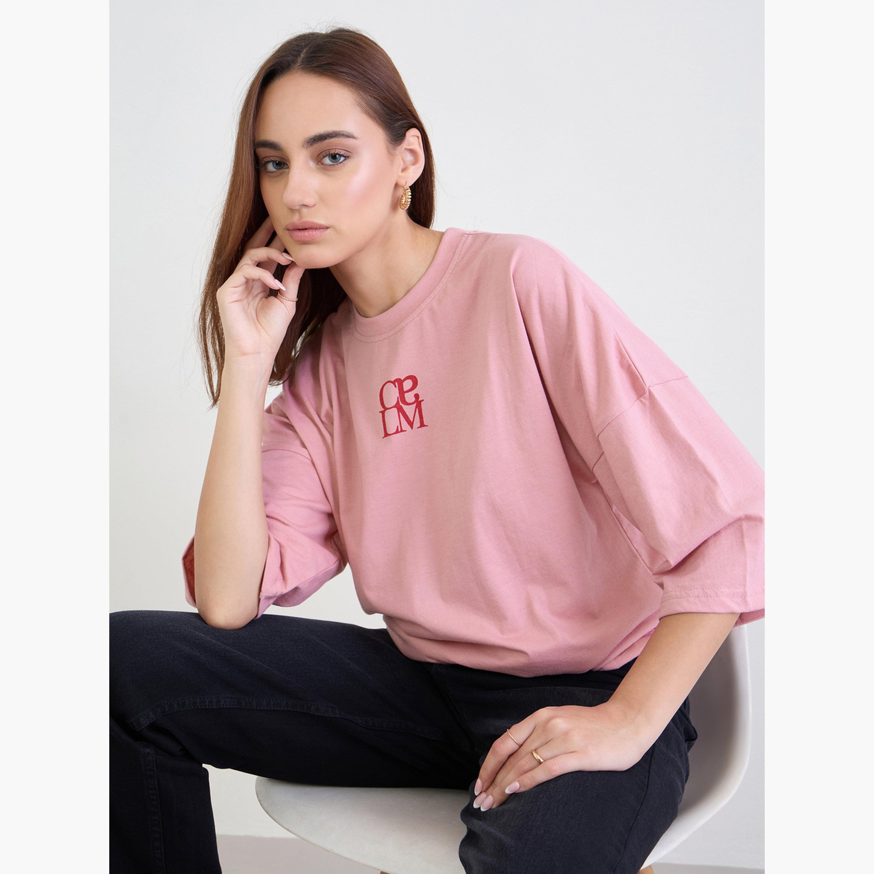 ستايلي - تي شيرت وردي حجم كبير بأكمام 3/4-women-clothing-tshirts-image-3