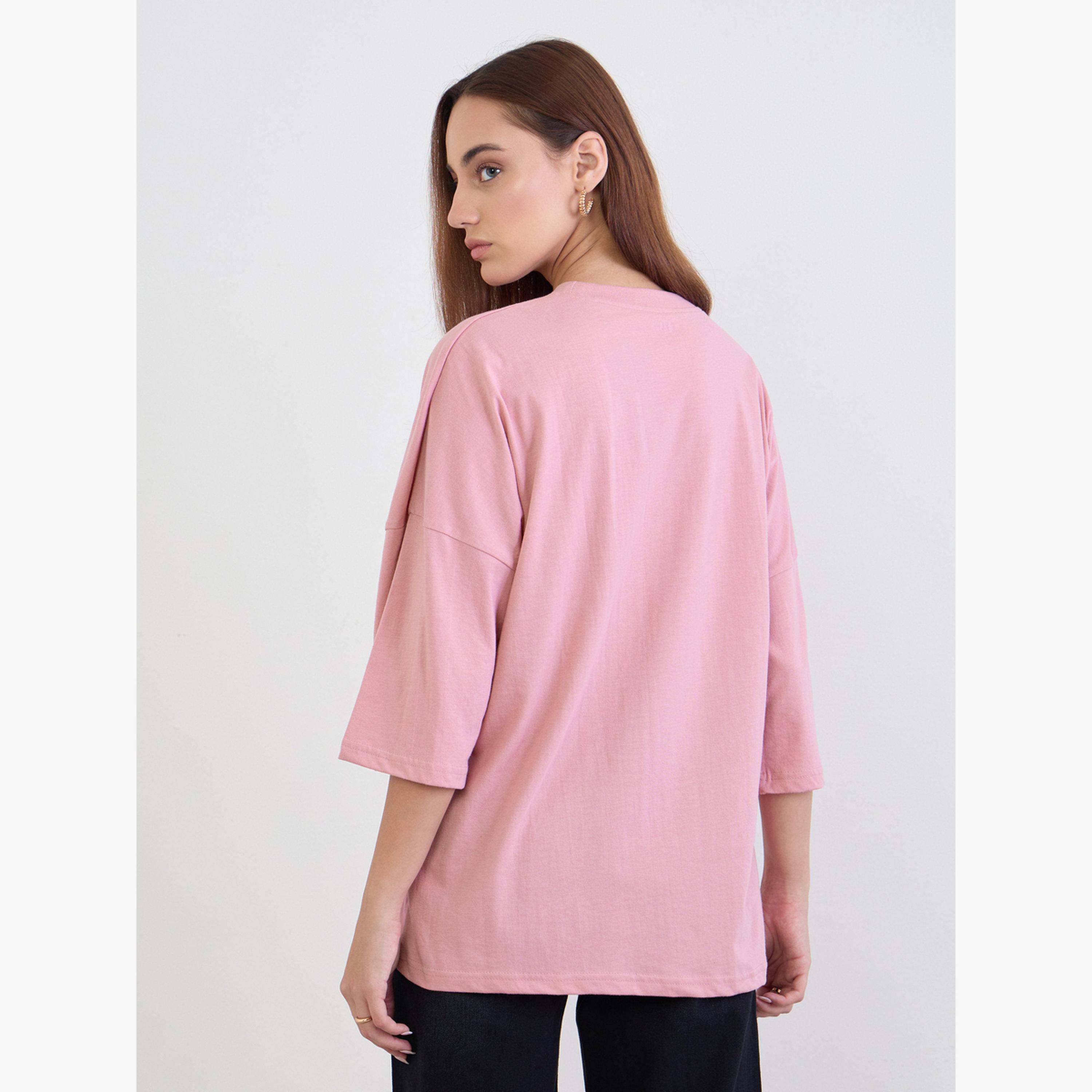 Styli Pink Oversized 3/4 Sleeve T-Shirt-women-clothing-tshirts-image-5