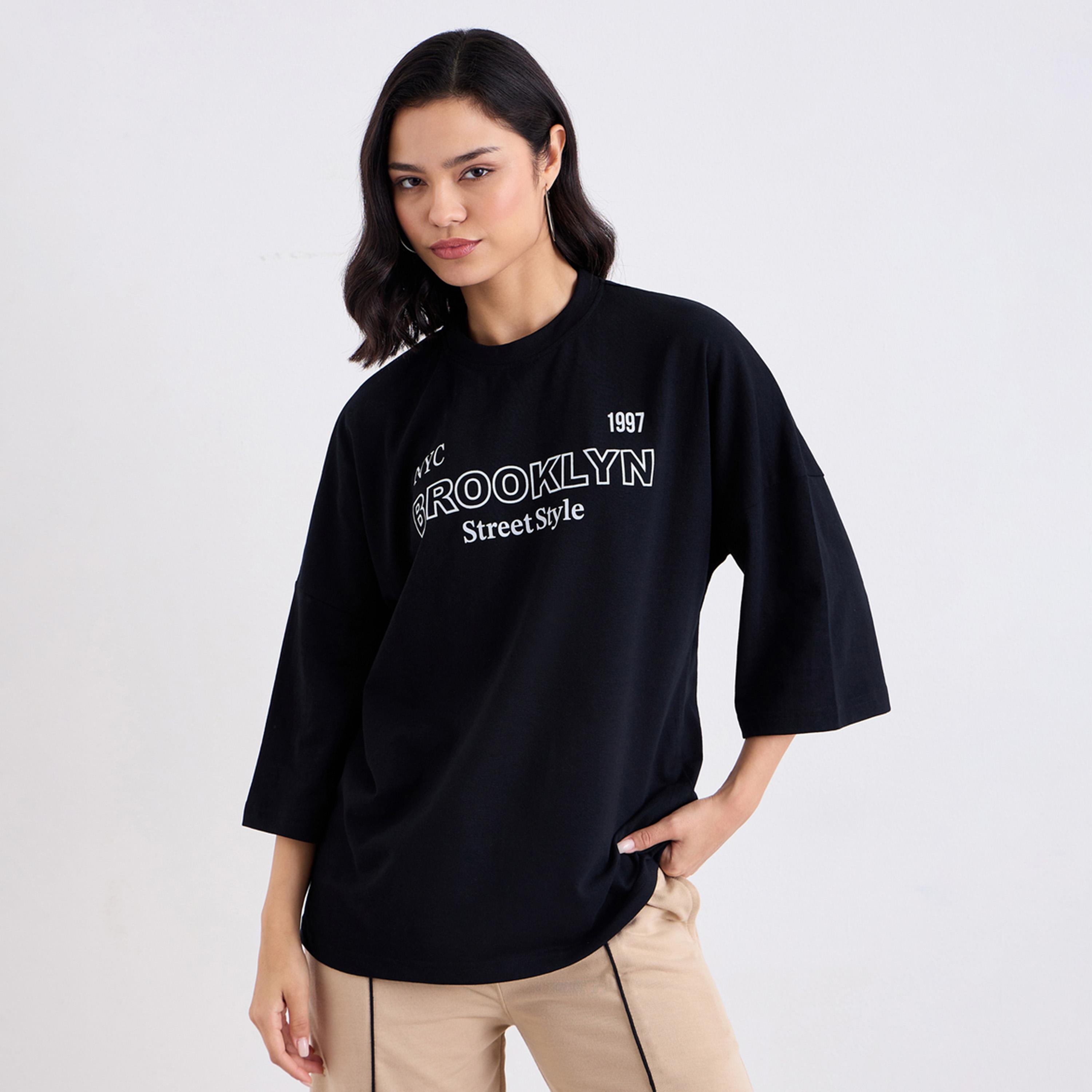 Styli Black Oversized Brooklyn Print T-Shirt-women-clothing-tshirts-image-1