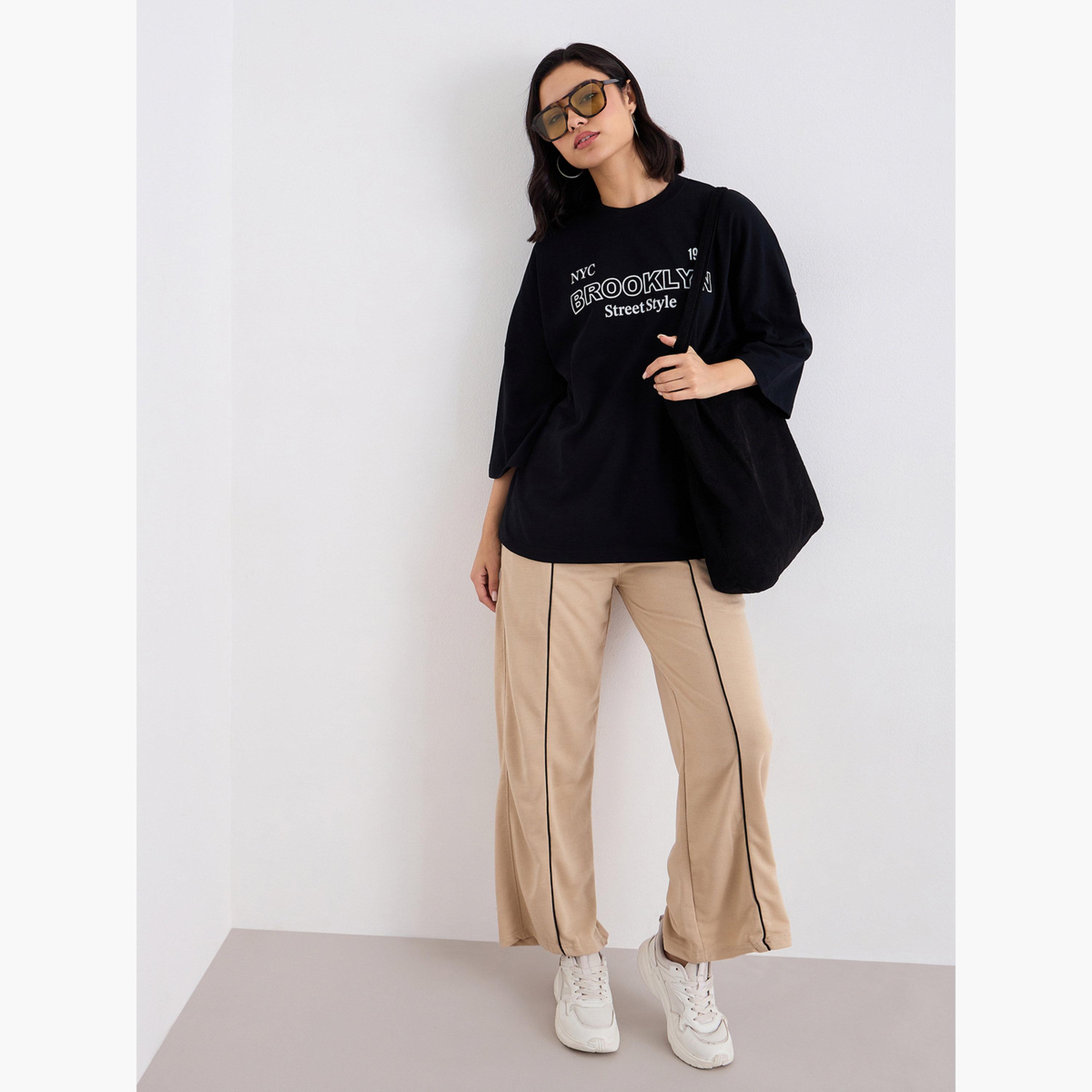 Styli Black Oversized Brooklyn Print T-Shirt-women-clothing-tshirts-image-2