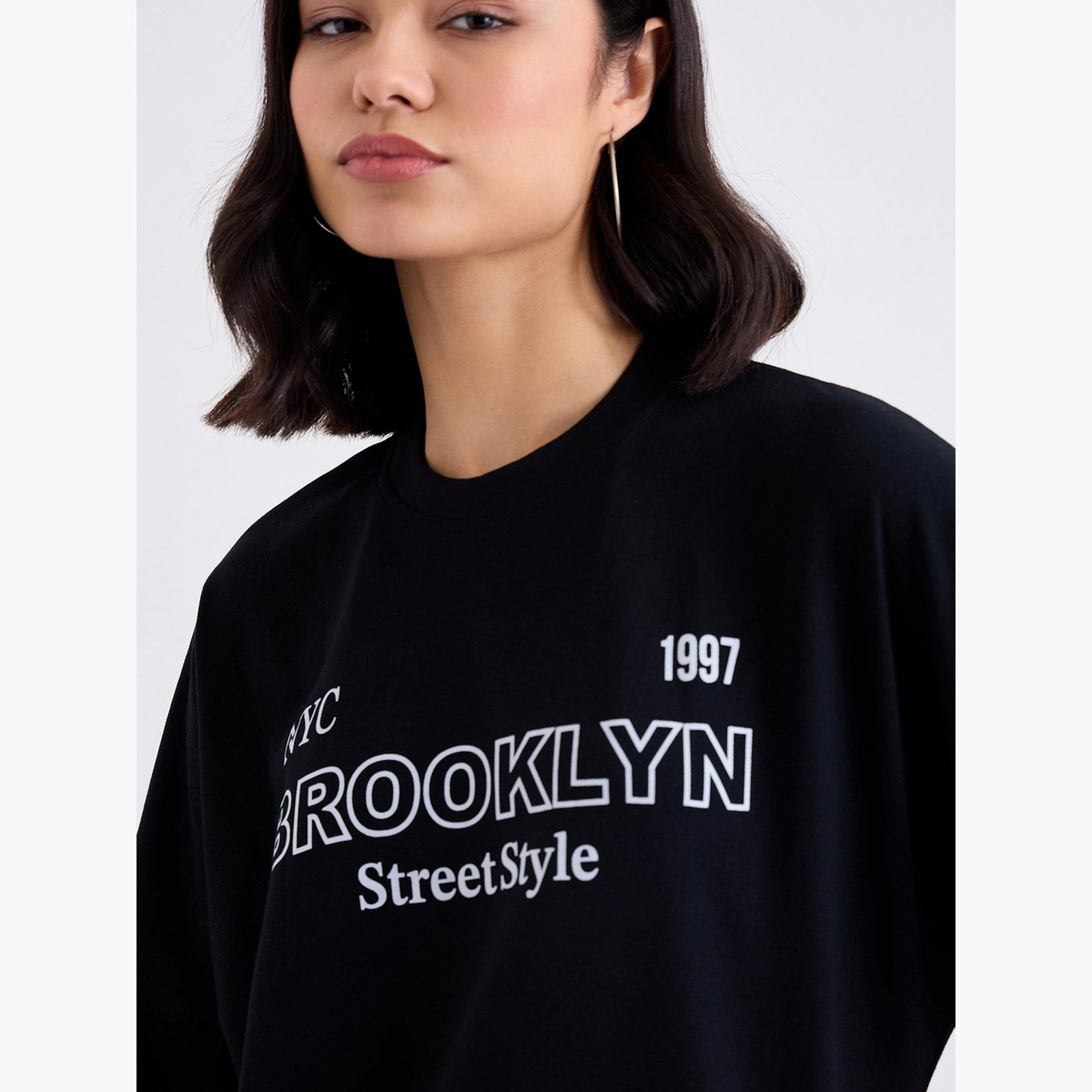 Styli Black Oversized Brooklyn Print T-Shirt-women-clothing-tshirts-image-3