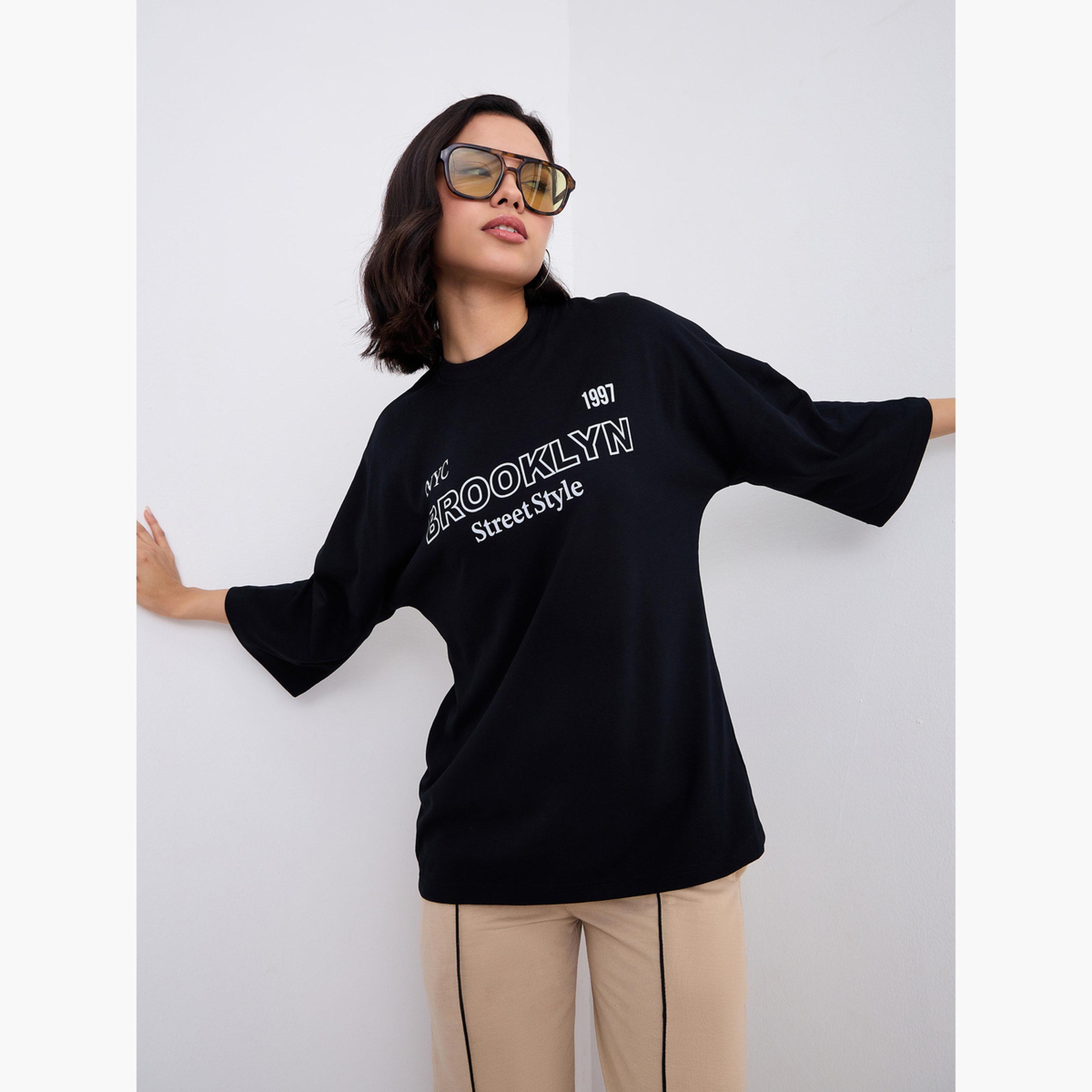 Styli Black Oversized Brooklyn Print T-Shirt-women-clothing-tshirts-image-5