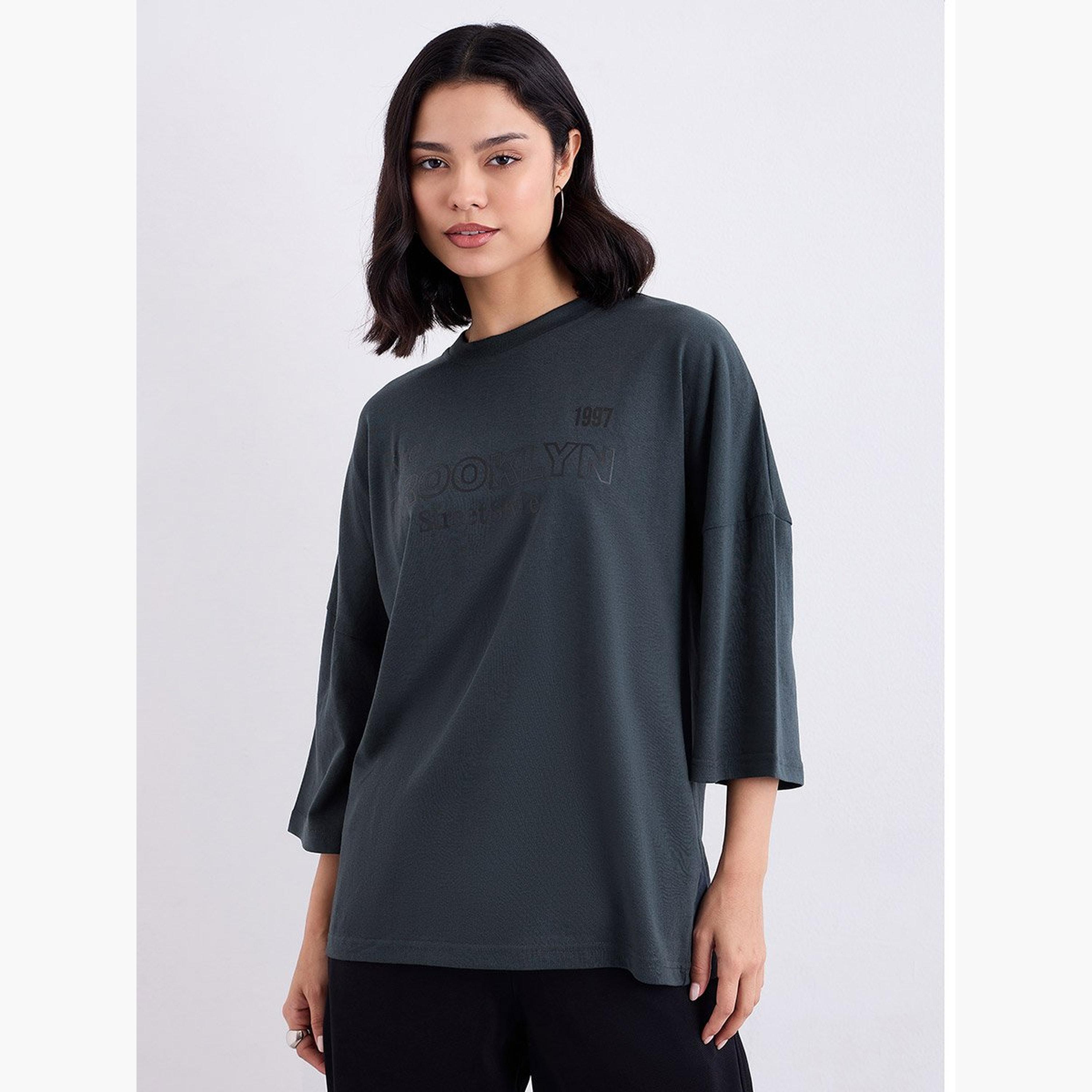 Styli Charcoal Oversized Brooklyn Print T-Shirt-women-clothing-tshirts-image-1