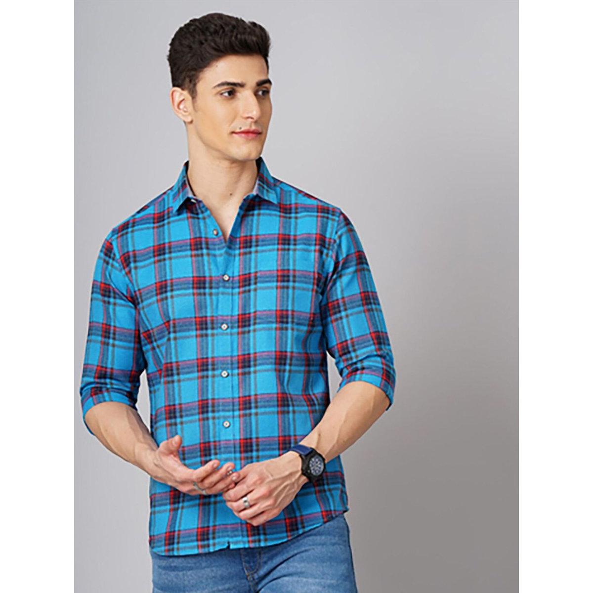 Hardsoda Men Blue Checked Spread Collar Shirt-men-clothing-shirts-image-1