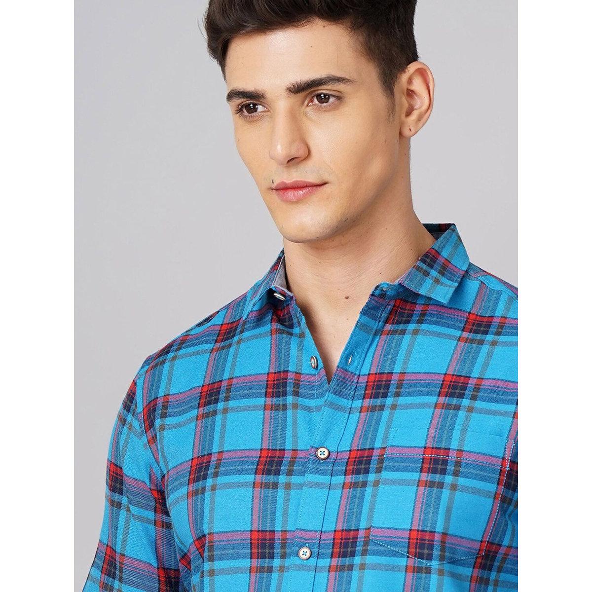 Hardsoda Men Blue Checked Spread Collar Shirt-men-clothing-shirts-image-2