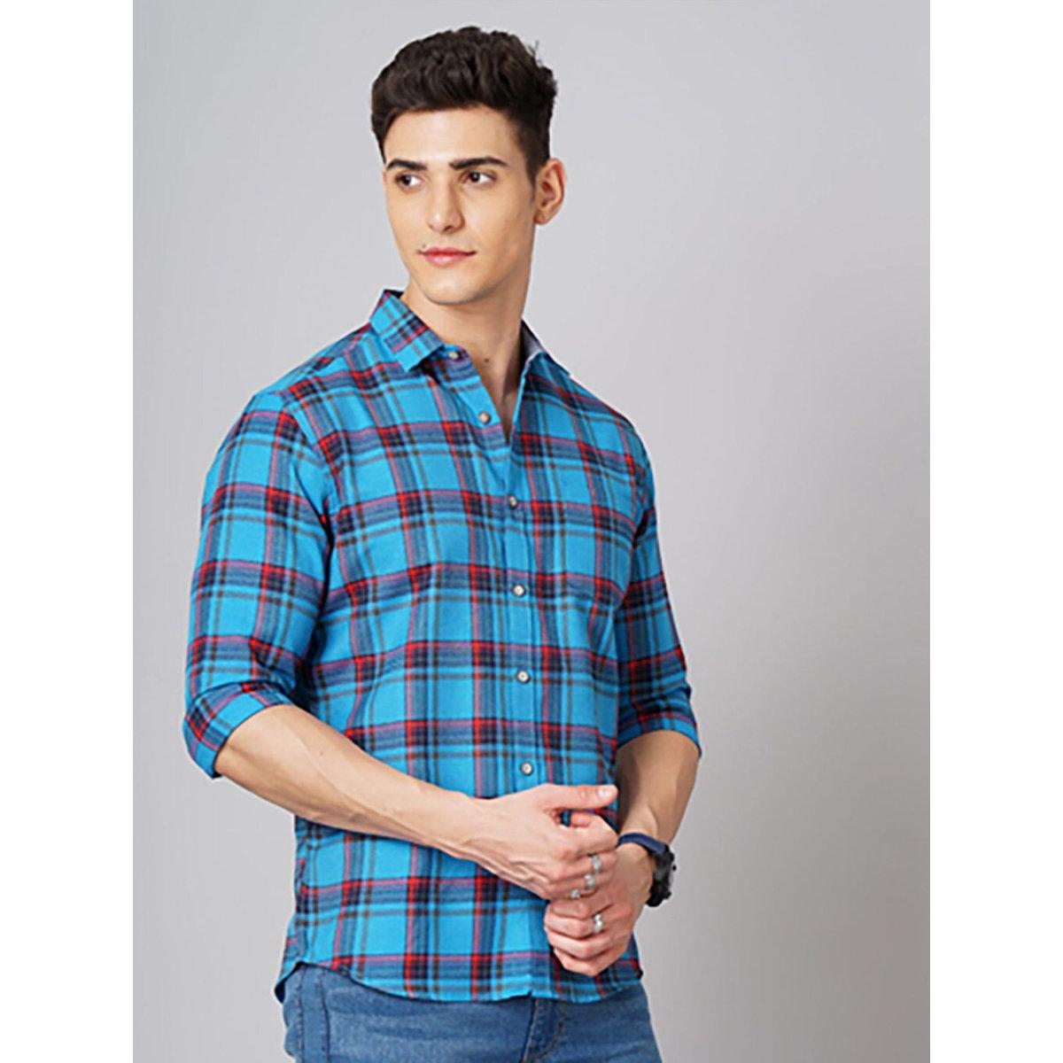 Hardsoda Men Blue Checked Spread Collar Shirt-men-clothing-shirts-image-3