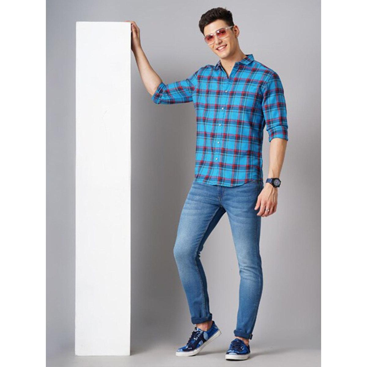 Hardsoda Men Blue Checked Spread Collar Shirt-men-clothing-shirts-image-4