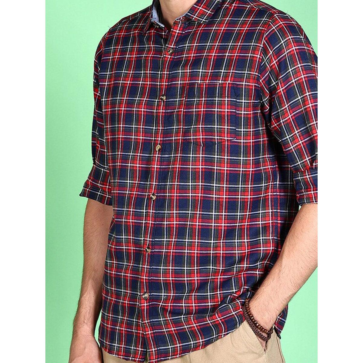Hardsoda Men Checked Spread Collar Shirt-men-clothing-shirts-image-2