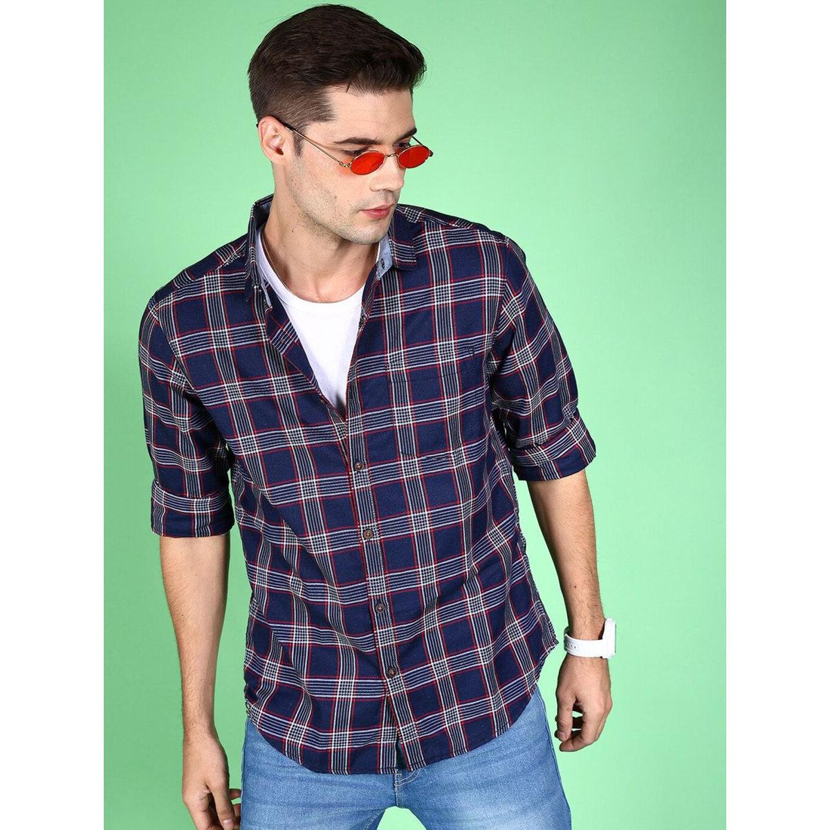 Hardsoda Men Navy Blue Checked Casual Shirt-men-clothing-shirts-image-1