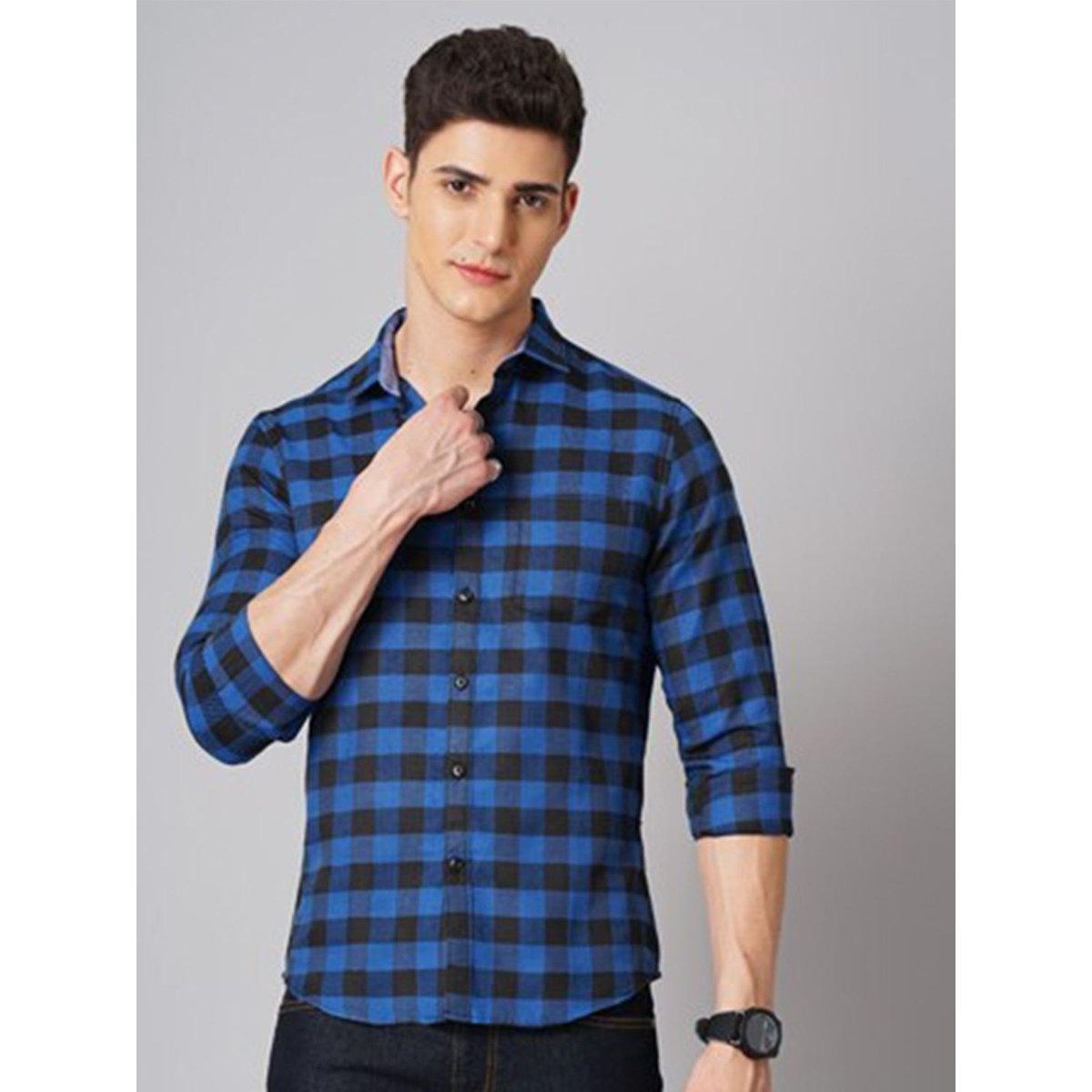Hardsoda Men Blue Checkered Spread Collar Shirt-men-clothing-shirts-image-1
