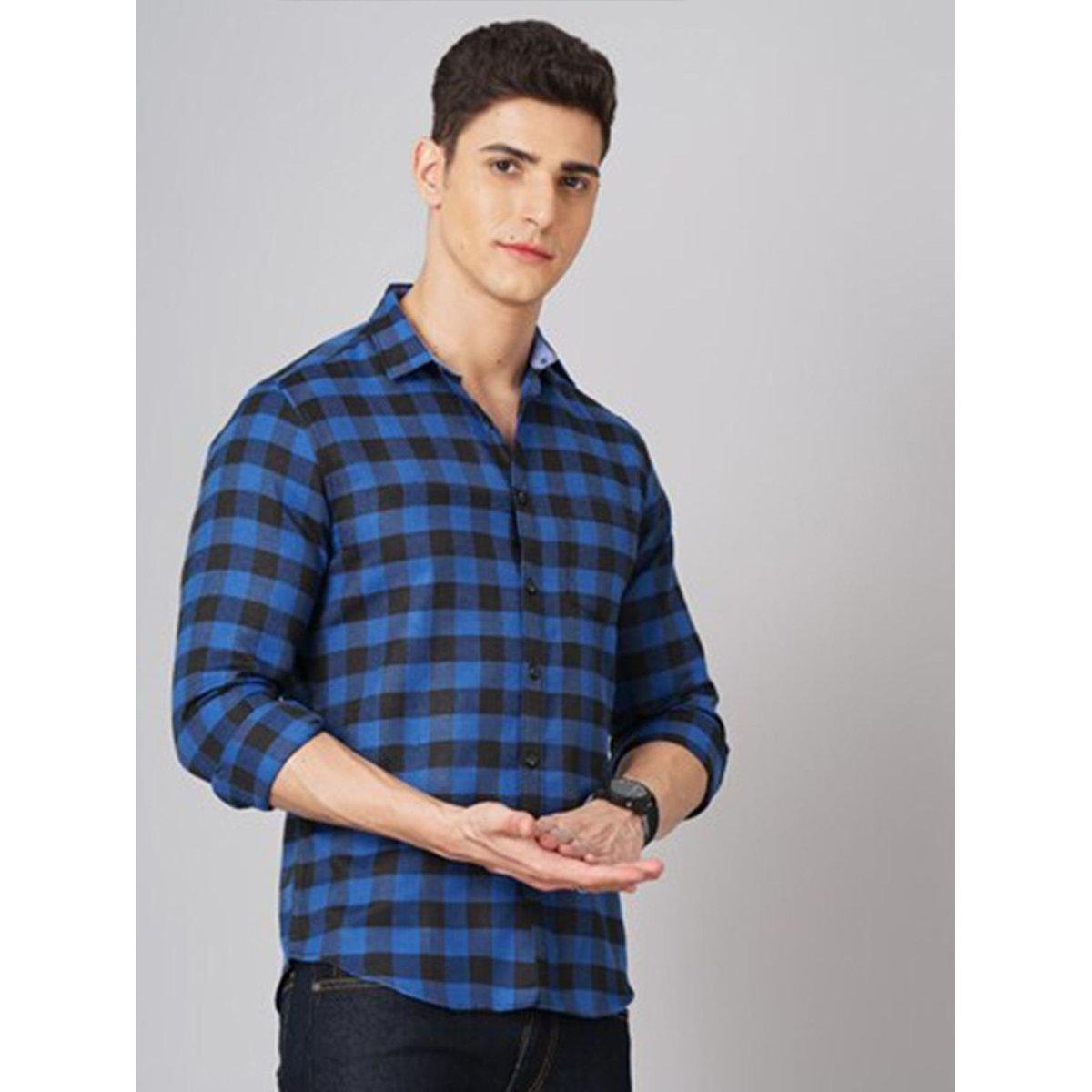 Hardsoda Men Blue Checkered Spread Collar Shirt-men-clothing-shirts-image-3