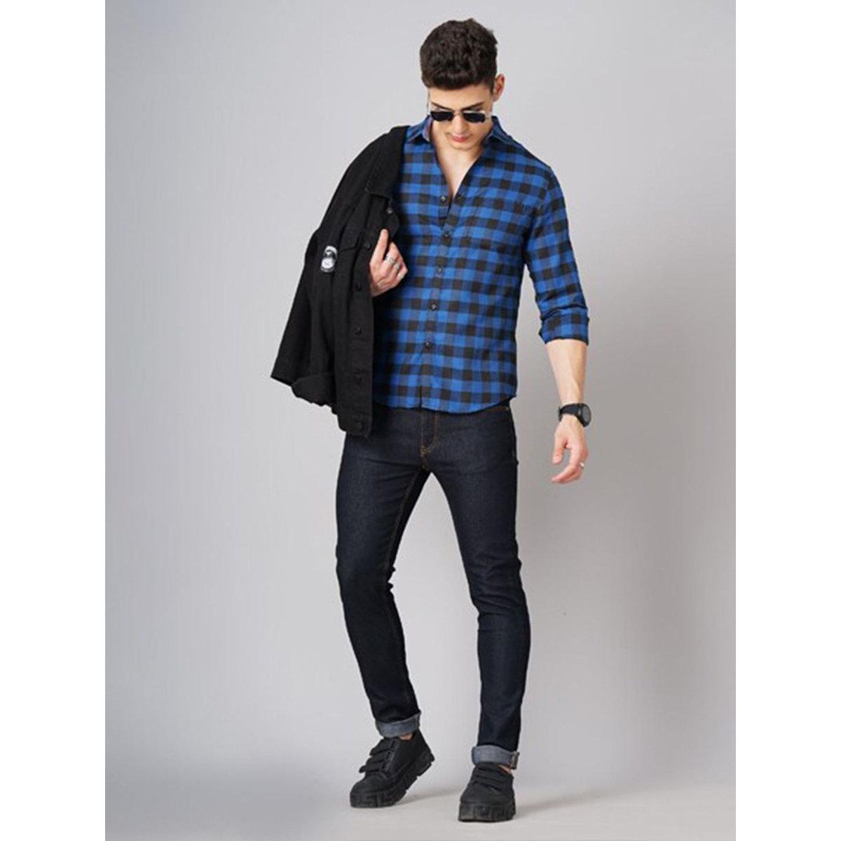 Hardsoda Men Blue Checkered Spread Collar Shirt-men-clothing-shirts-image-4