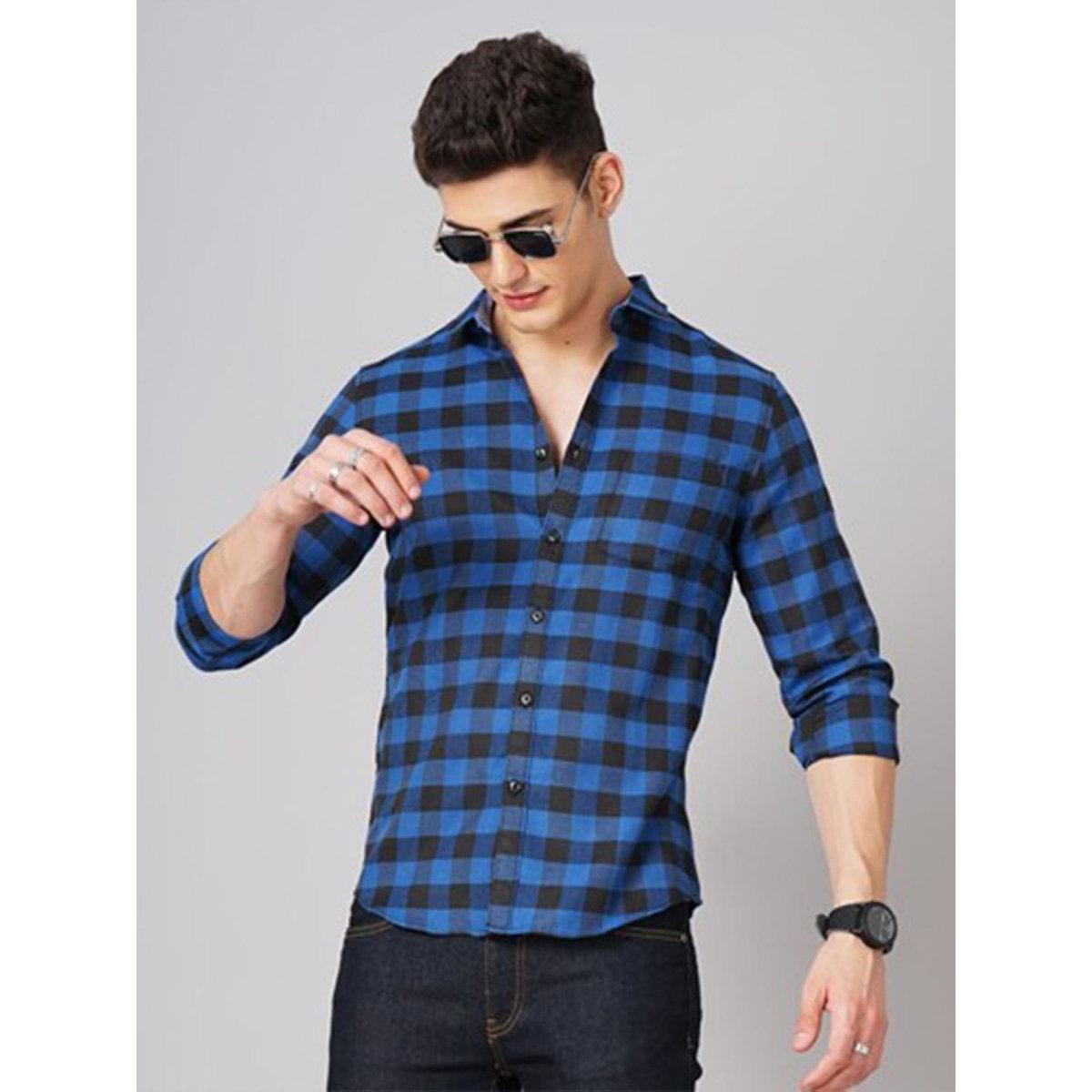 Hardsoda Men Blue Checkered Spread Collar Shirt-men-clothing-shirts-image-6