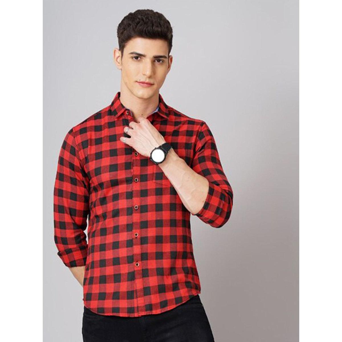Hardsoda Men Red Checked Spread Collar Shirt-men-clothing-shirts-image-1