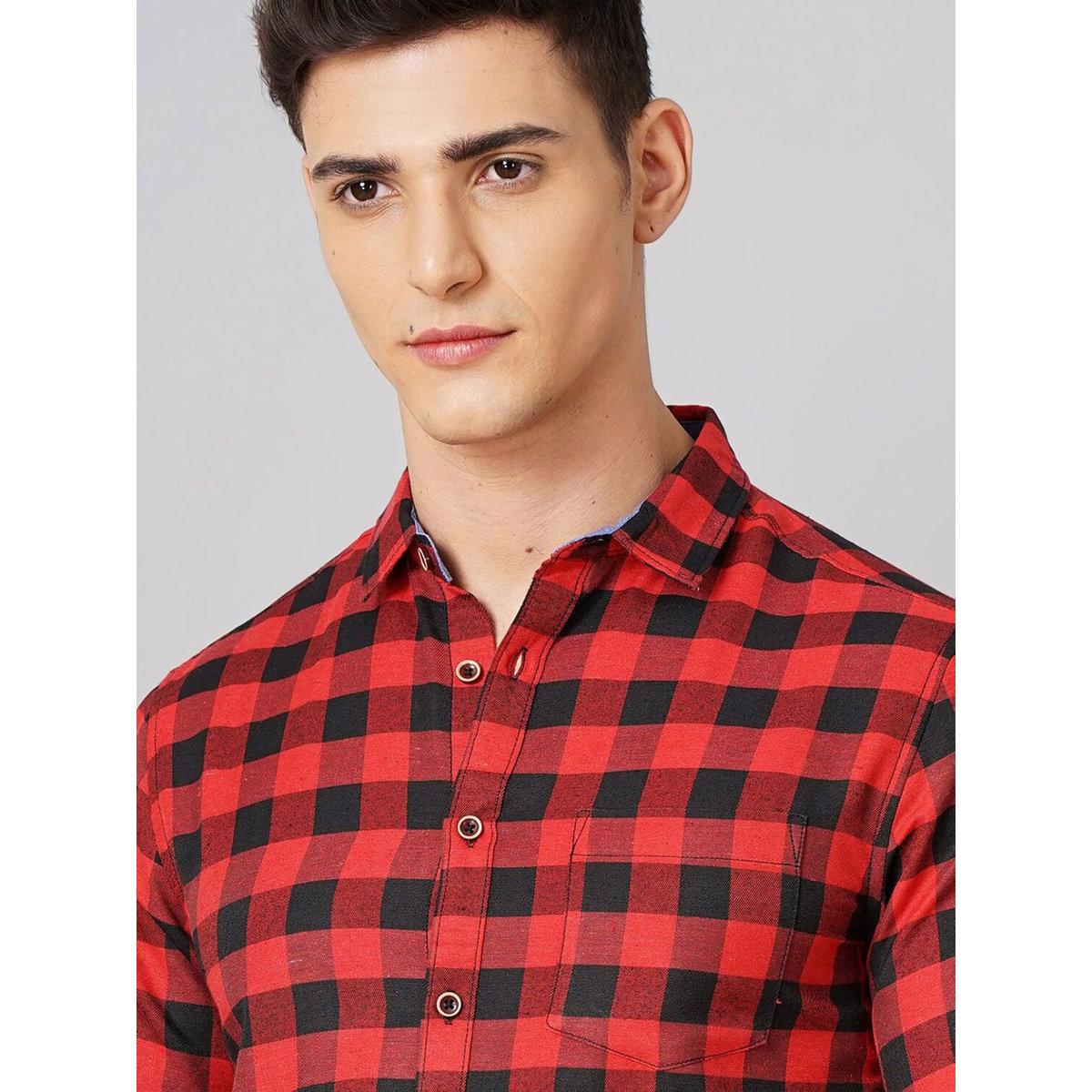 Hardsoda Men Red Checked Spread Collar Shirt-men-clothing-shirts-image-2