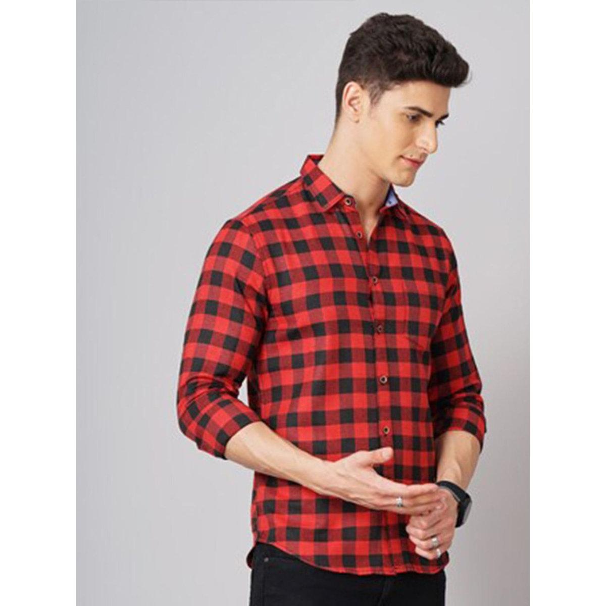 Hardsoda Men Red Checked Spread Collar Shirt-men-clothing-shirts-image-3