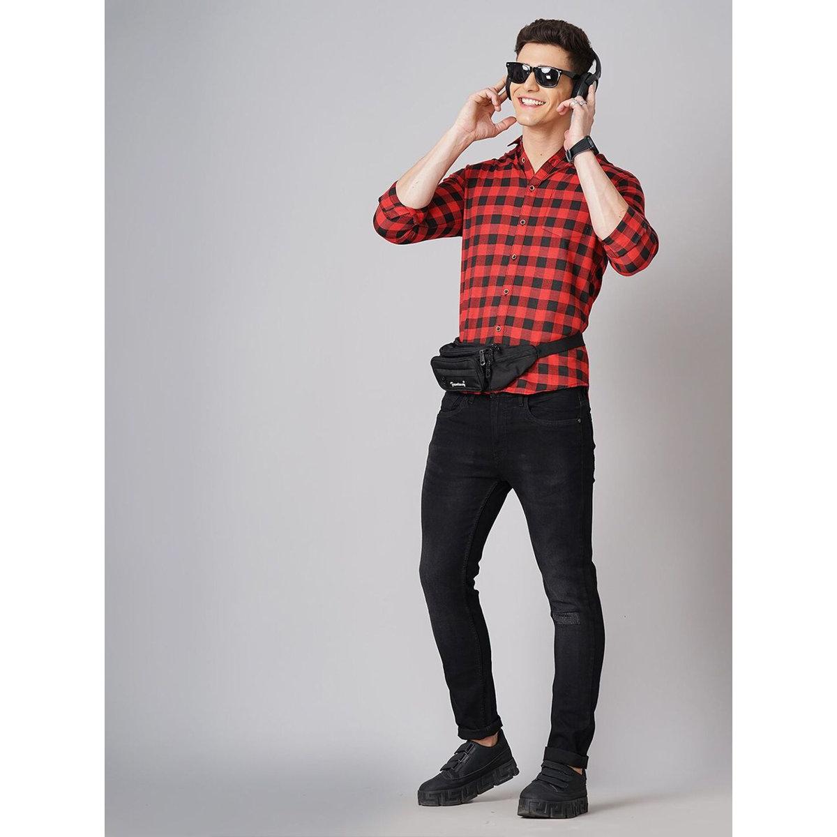Hardsoda Men Red Checked Spread Collar Shirt-men-clothing-shirts-image-4