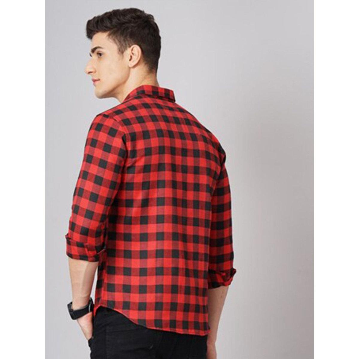 Hardsoda Men Red Checked Spread Collar Shirt-men-clothing-shirts-image-5