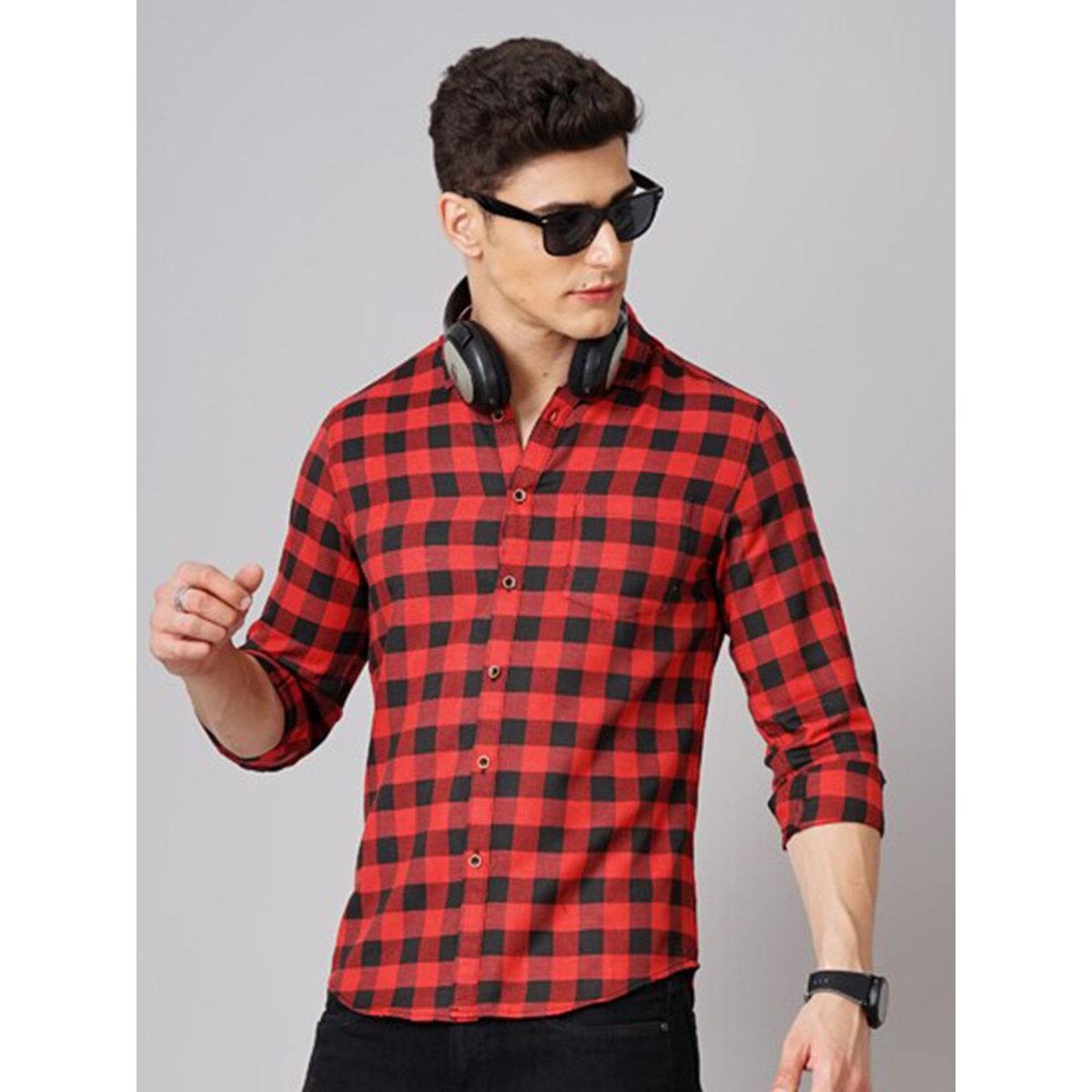 Hardsoda Men Red Checked Spread Collar Shirt-men-clothing-shirts-image-6
