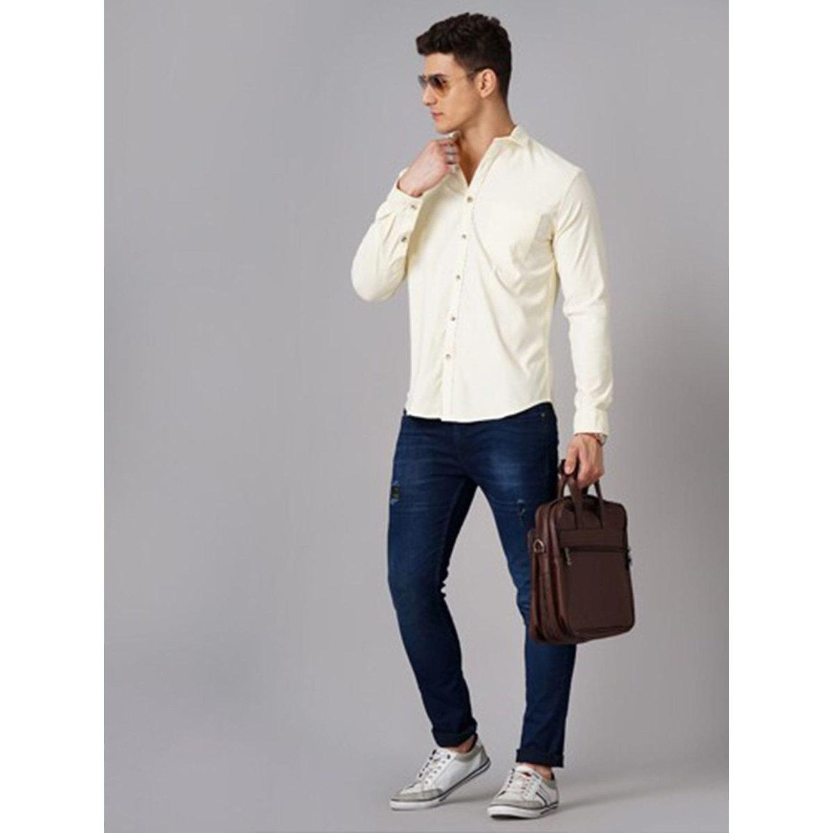Hardsoda Men Solid Yellow Spread Collar Shirt-men-clothing-shirts-image-4