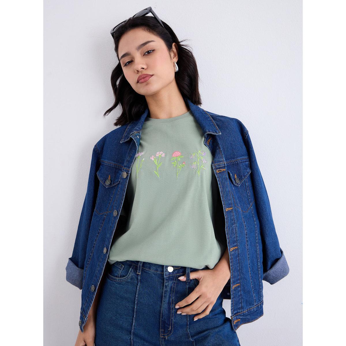 Styli Women Green Embroidered Oversized T-Shirt-women-clothing-tshirts-image-1