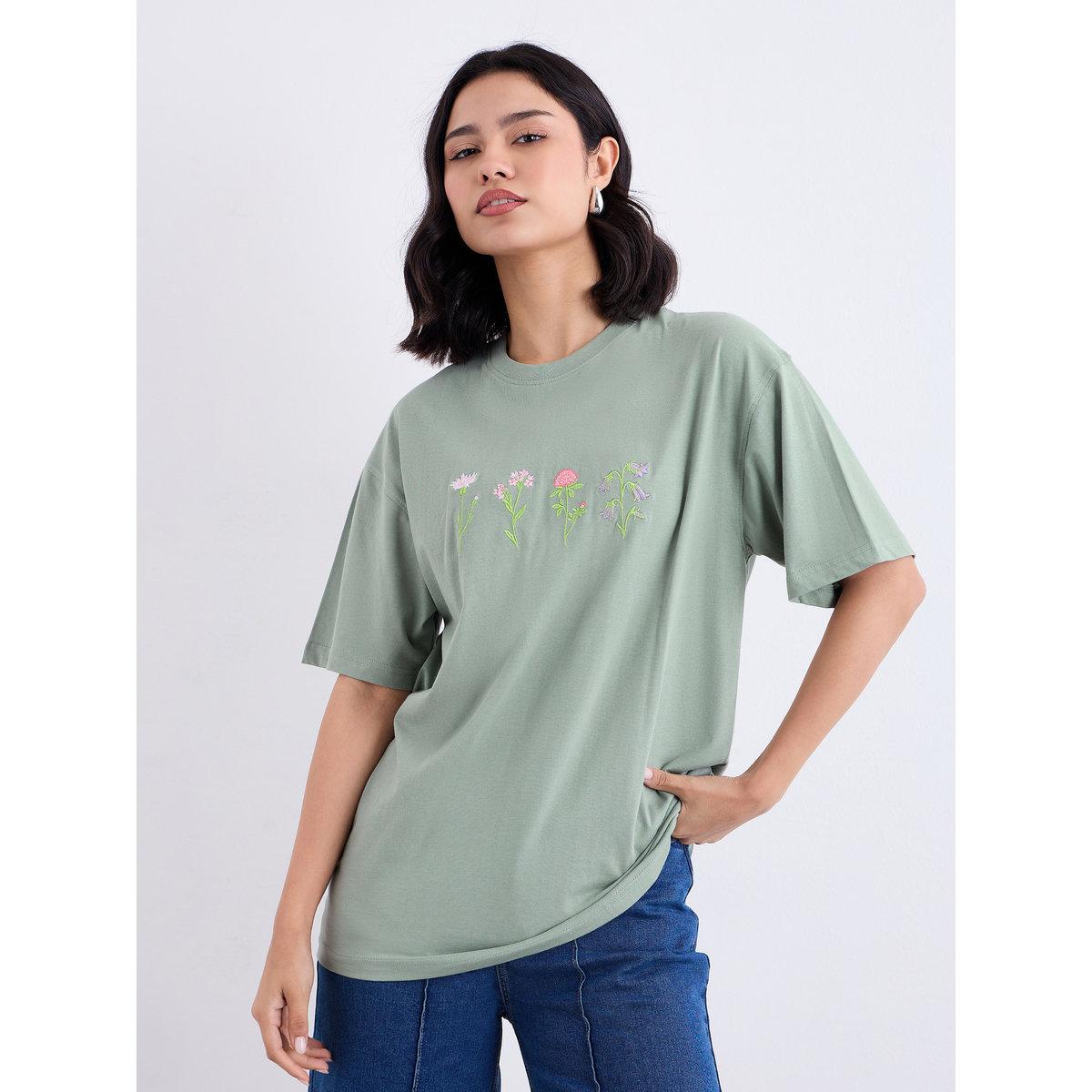 Styli Women Green Embroidered Oversized T-Shirt-women-clothing-tshirts-image-3