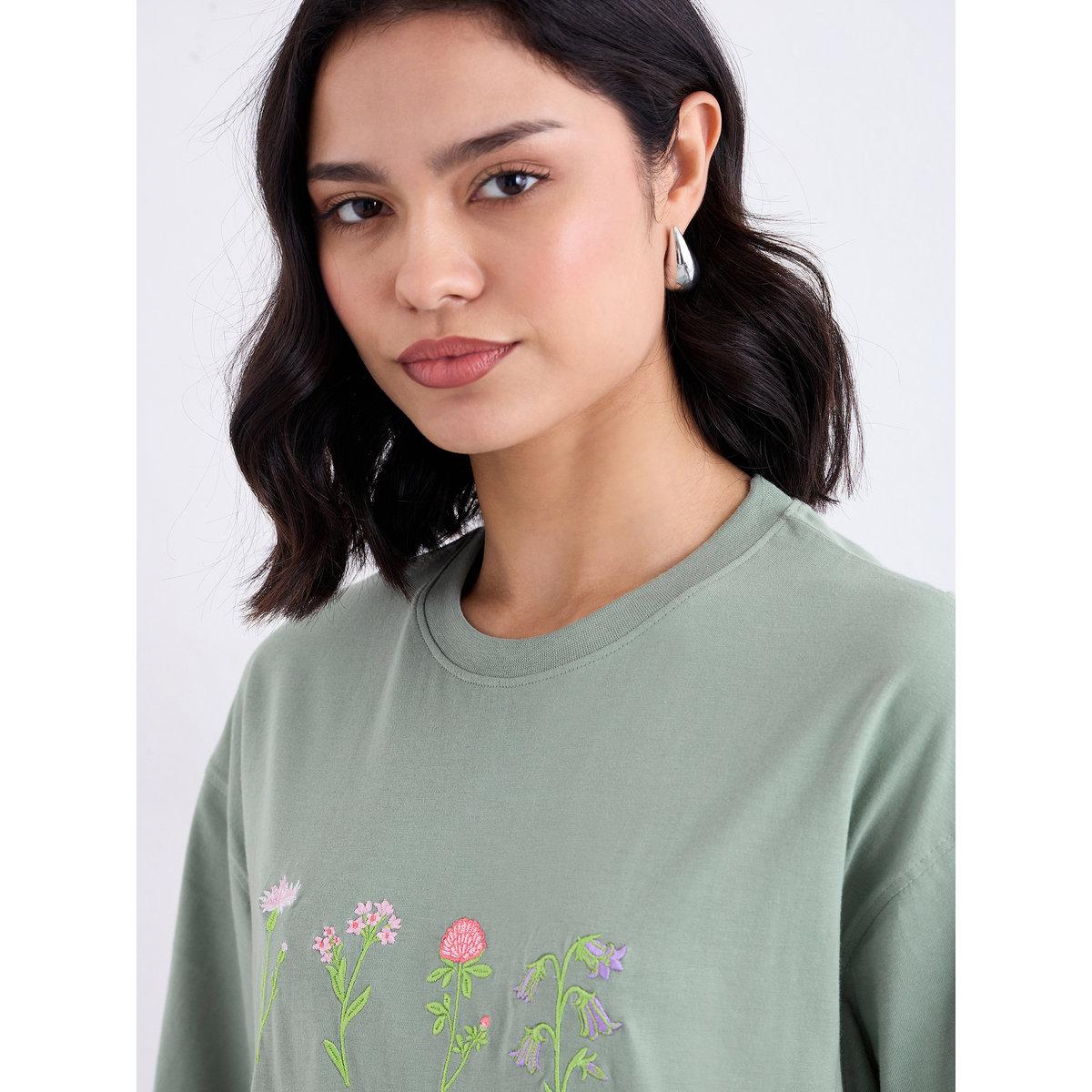 Styli Women Green Embroidered Oversized T-Shirt-women-clothing-tshirts-image-4